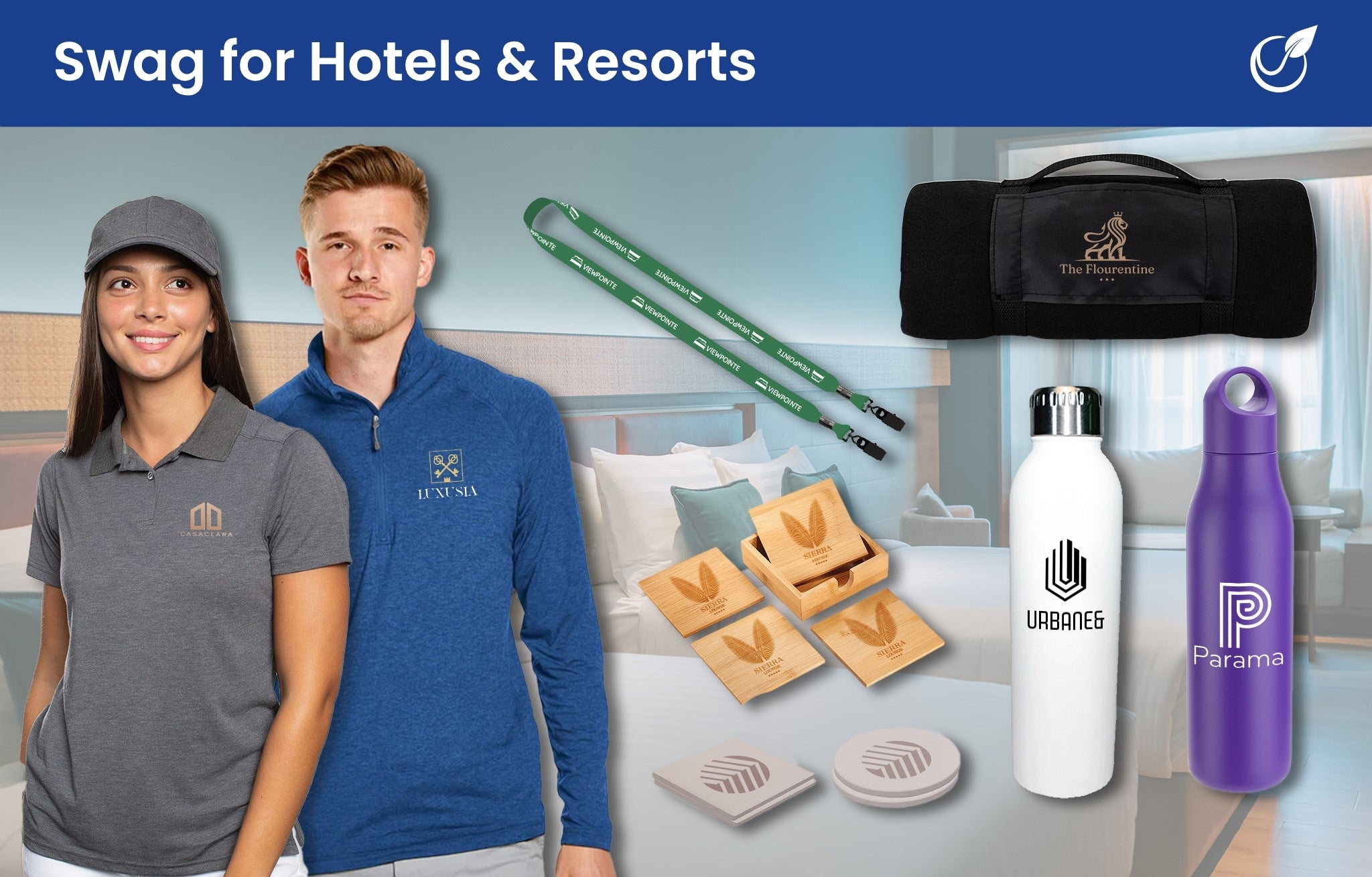 Swag for hotels and resorts - water bottles, coasters, lanyard, fleece blanket, sustainable apparel