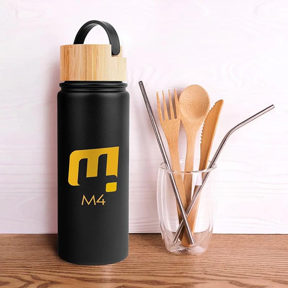 Stainless Steel Bottle with Carry Handle & Bamboo Lid Lifestyle
