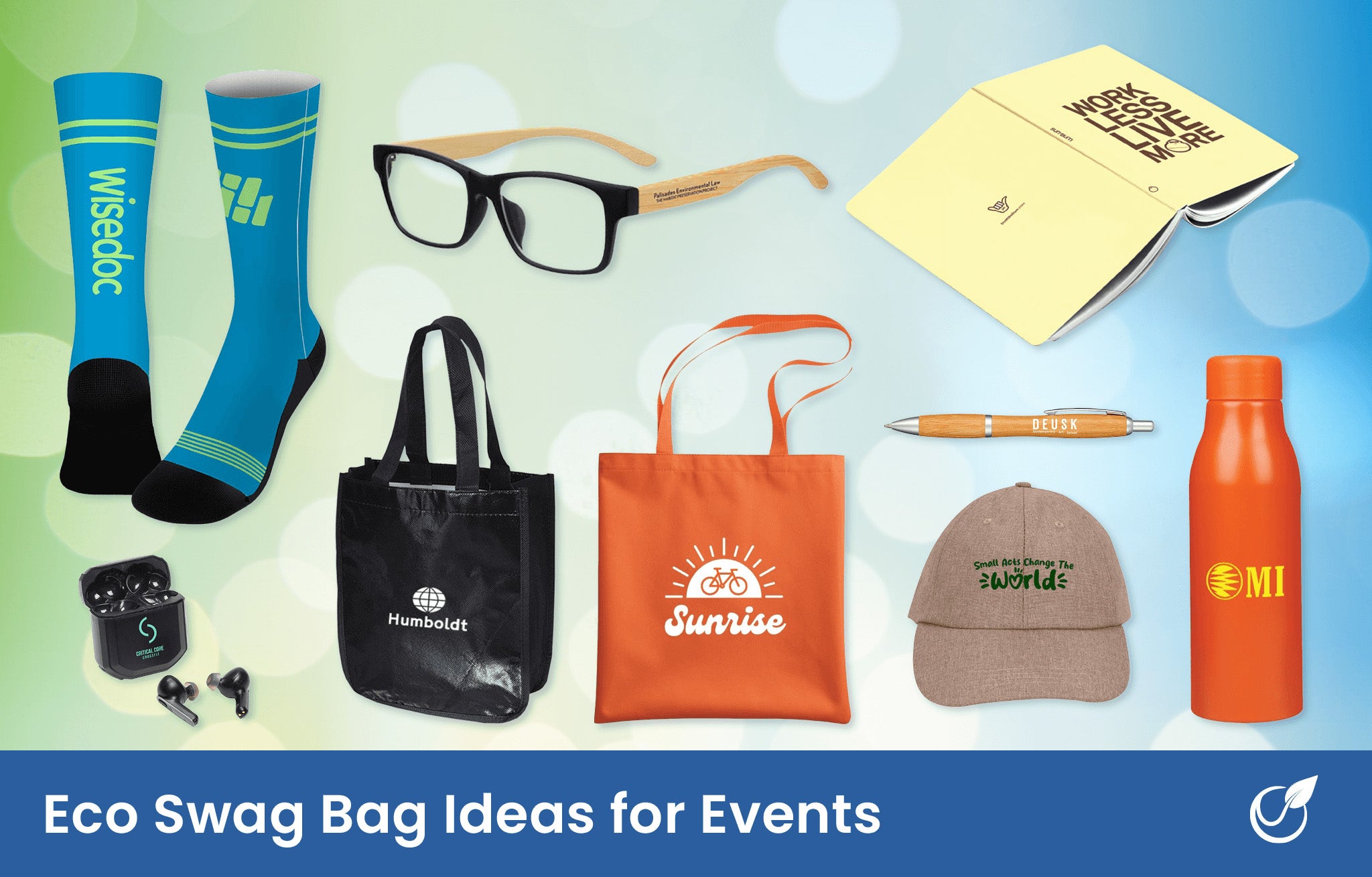 swag bag ideas for events - socks, blue light glasses, notebook, recycled tote bags, bamboo pen, wireless earbuds, recycled hat, water bottle