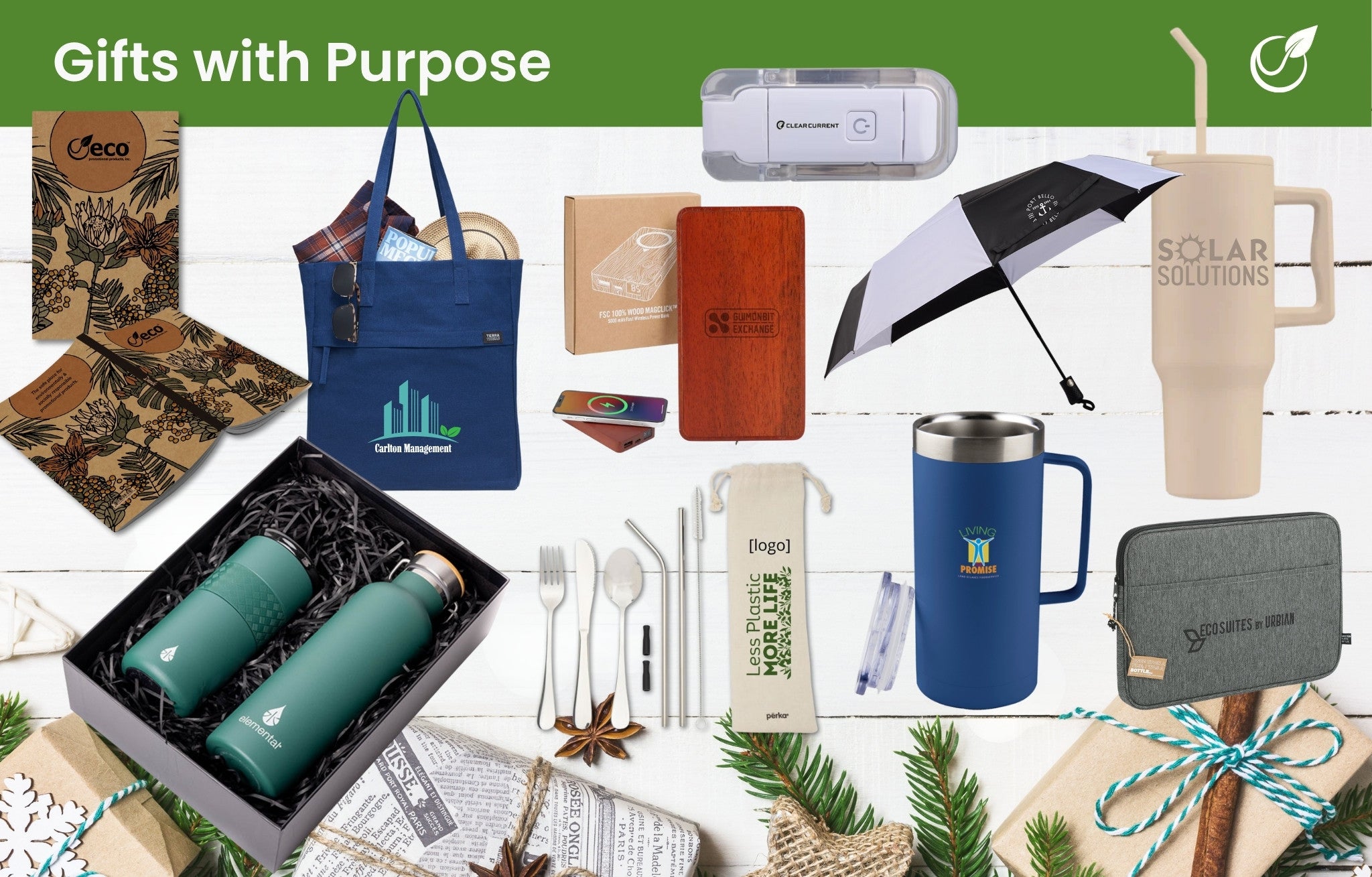 gifts with purpose - notebook, drinkware set, tote bag power bank, umbrella, utensil set, travel mug, laptop sleeve, book light, camp mug