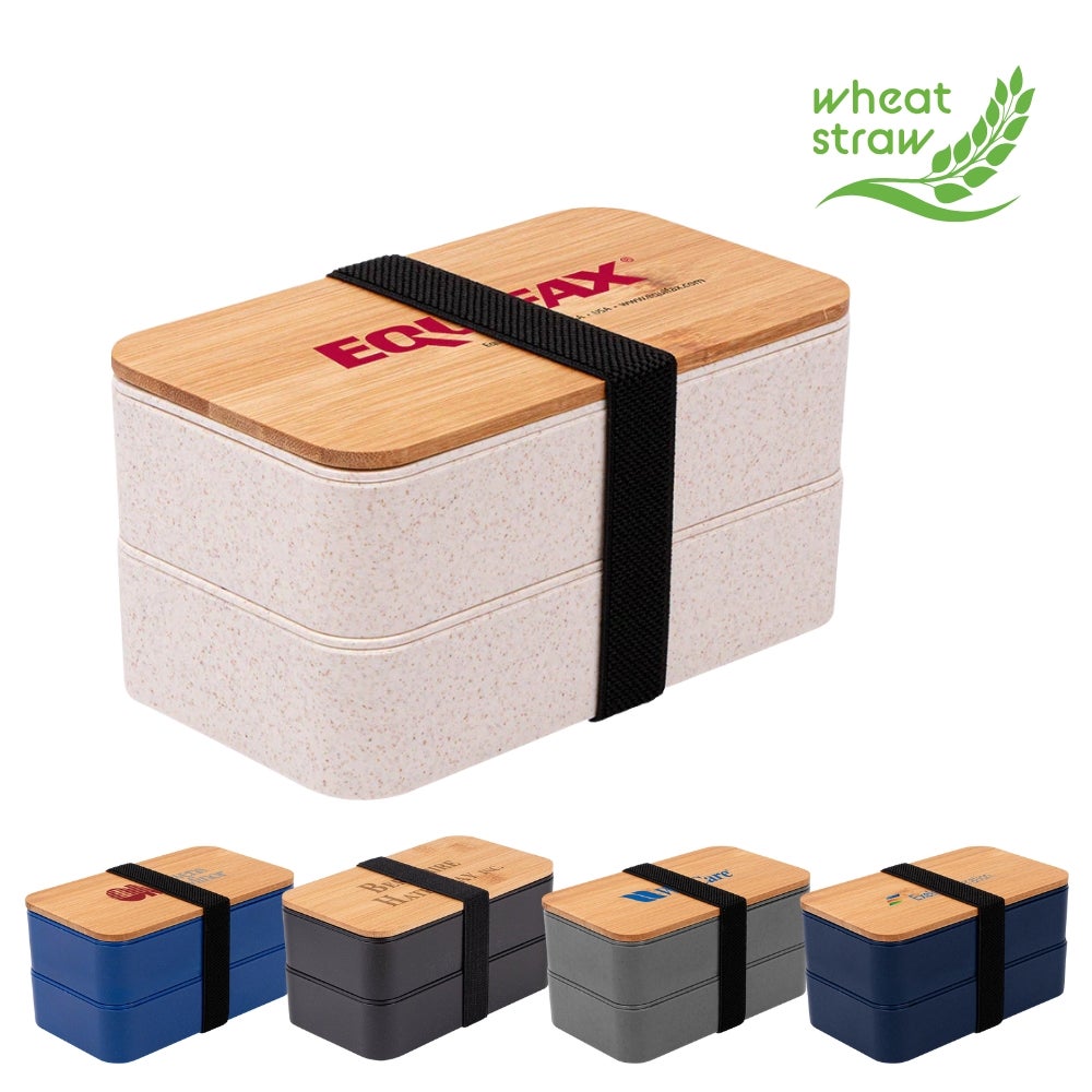Custom Recycled Wheat Straw Bento Box Set | Bamboo Lid
