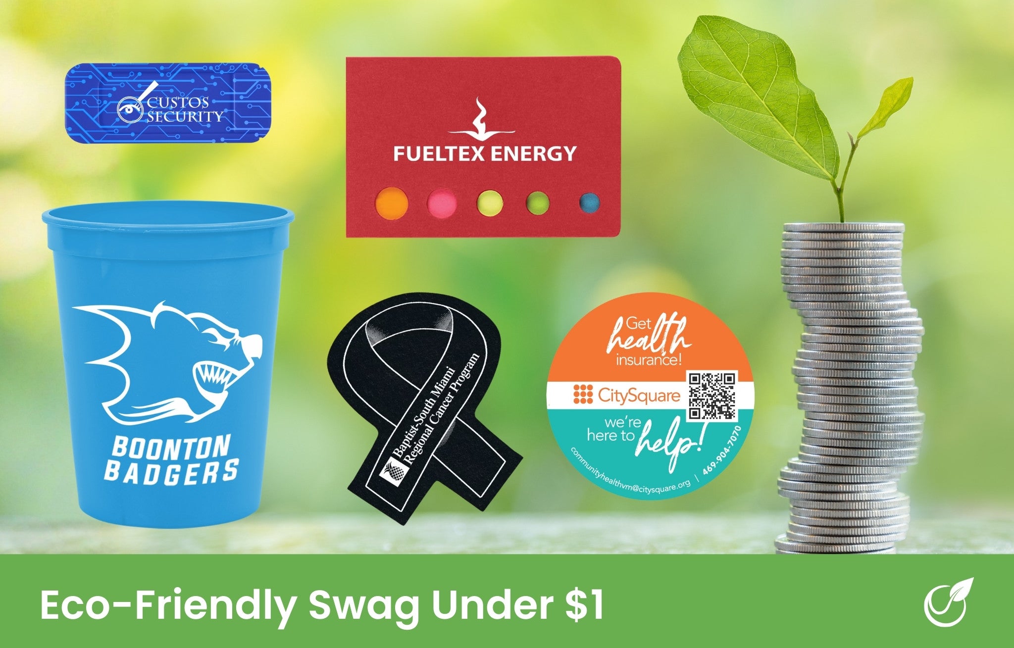 Sustainable promotional items under $1 - sticky notes, magnet, recycled cup, jar opener, privacy computer camera blocker