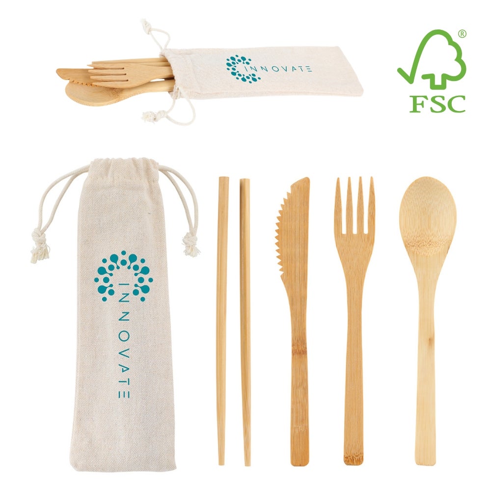 Bamboo Cutlery Set In Cotton Drawstring Pouch