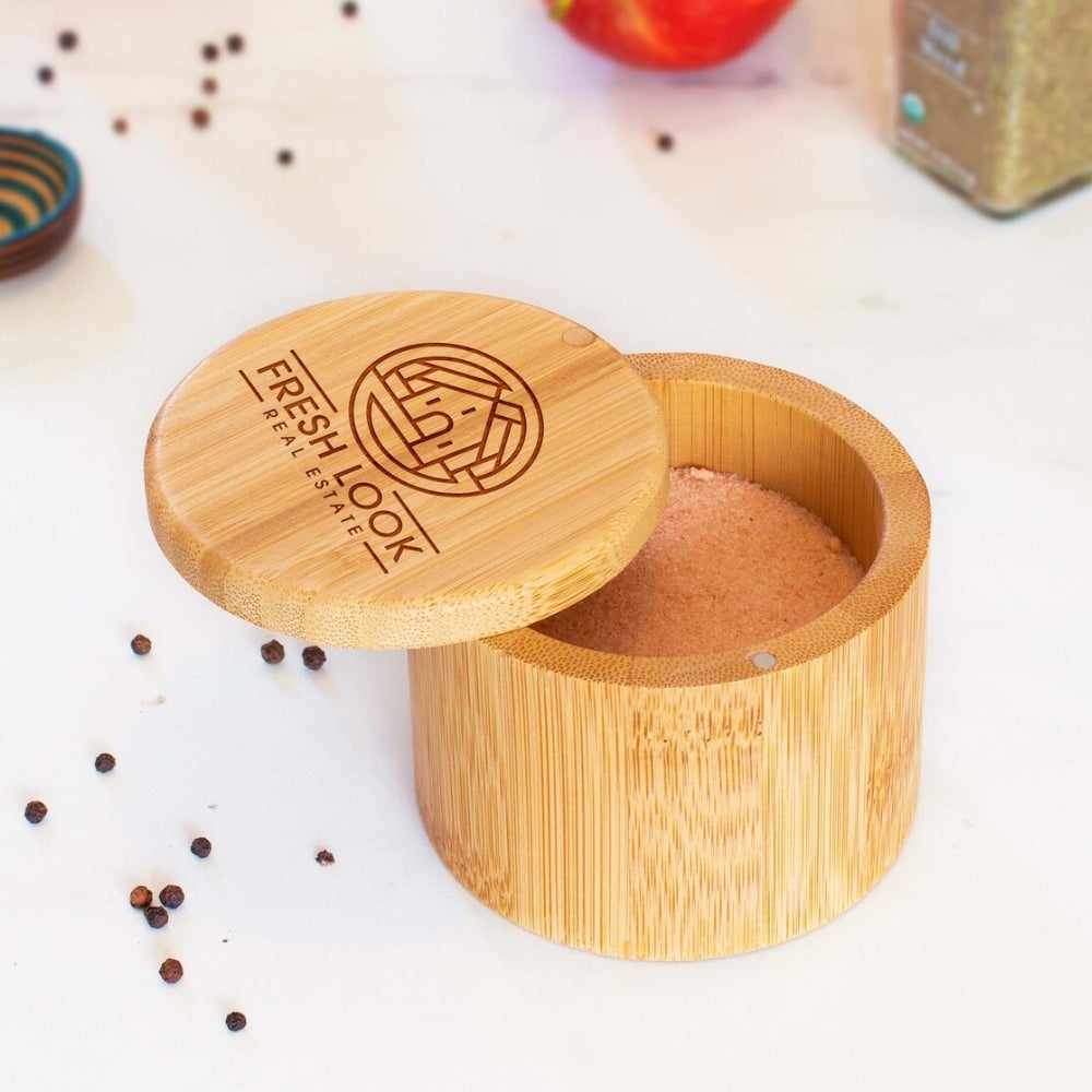 Custom Bamboo Round Salt Box Lifestyle