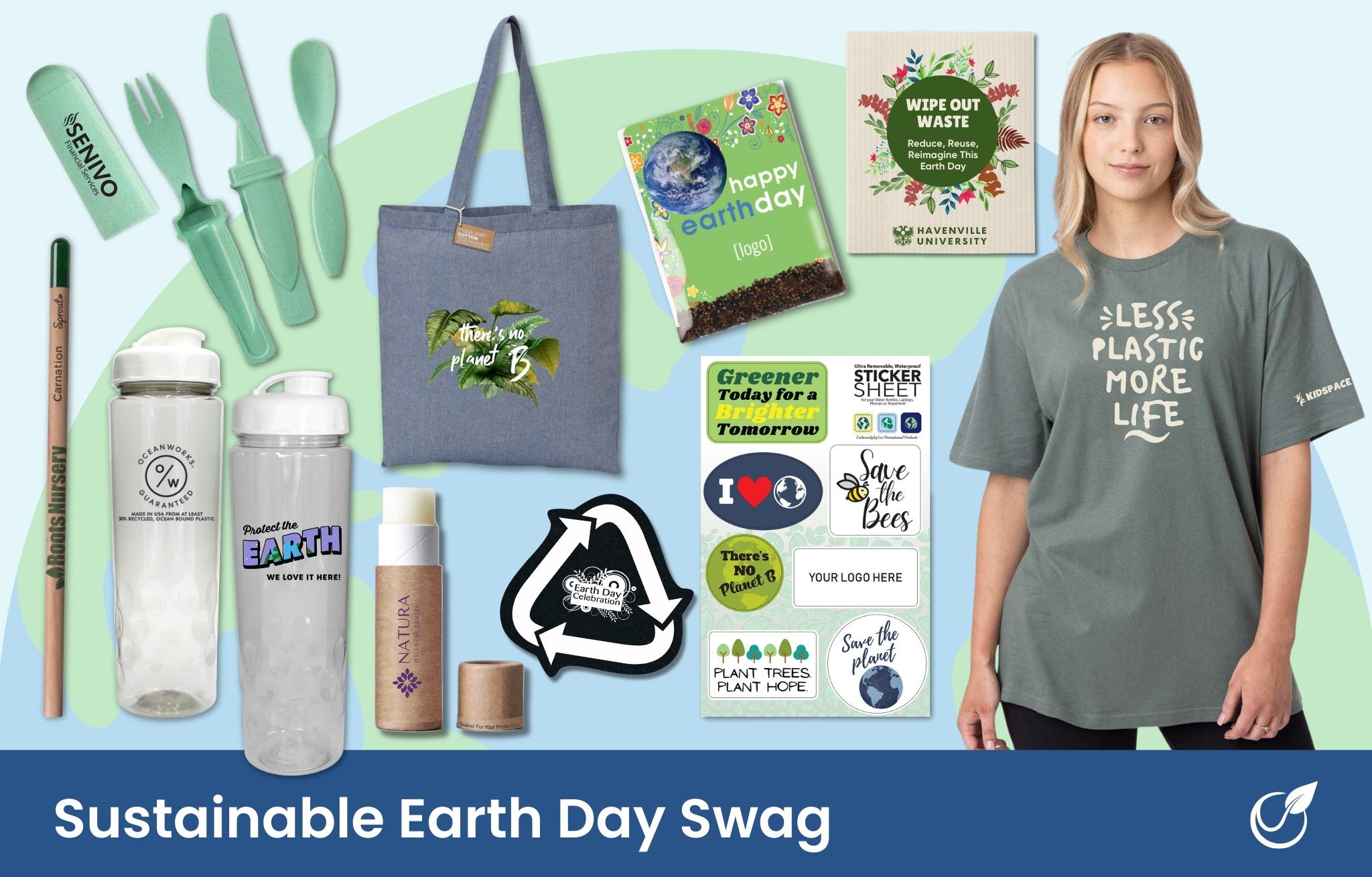 Earth day promos - dishcloth, seed packet, lip balm, water bottle, plantable pencil, utensil set, sticker sheet, tote, t-shirt, jar opener
