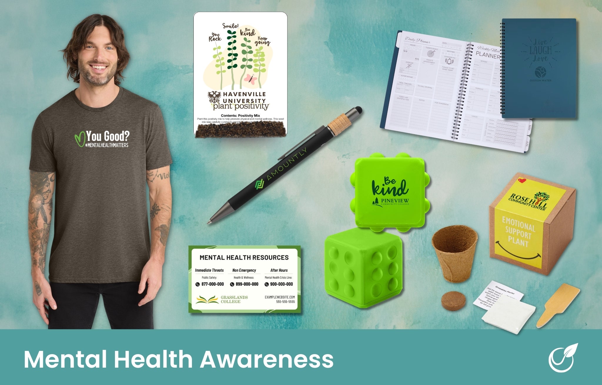 Mental health promotional products - mental health magnet, t-shirt, planner, seed packets, fidget cube, fidget pen, grow box