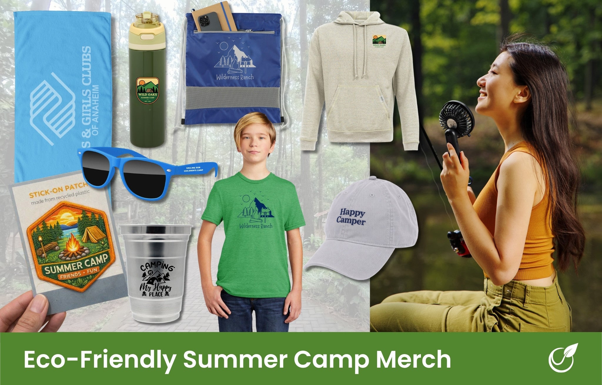 Summer camp products - t-shirt, cup, bottle, patch, hoodie, sunglasses, hand fan, hat, towel