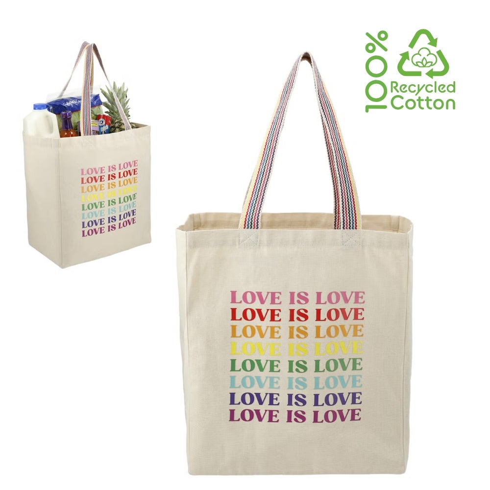 Recycled Cotton Grocery Tote with Rainbow Pride Straps | 13x15x8