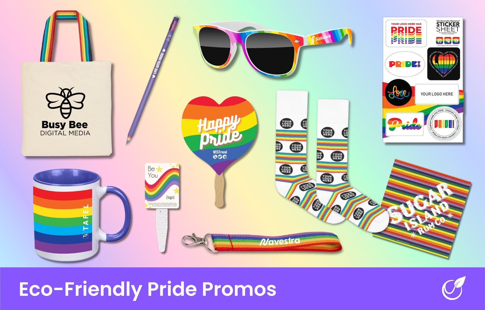 Eco friendly pride promotional products - tote, mug, sunglasses, pencil, fan, stickers, bandanas, socks, grow sticks, lanyard