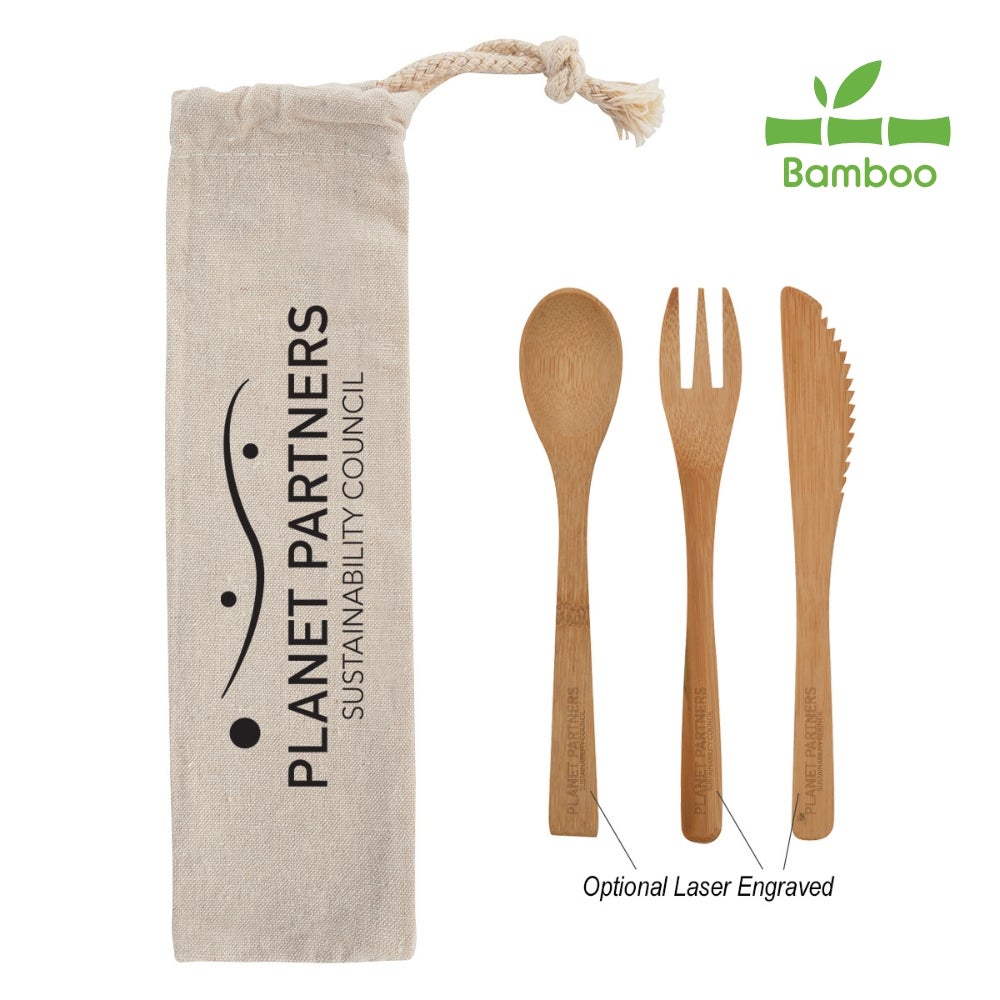 3 Piece Bamboo Utensil Set In Cotton Pouch