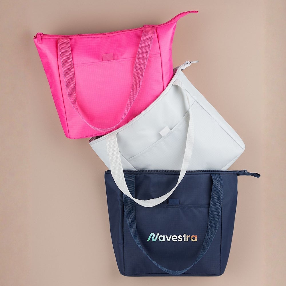 Recycled 6-Can Tote Cooler Lunch Bag in grey, navy, and bright pink