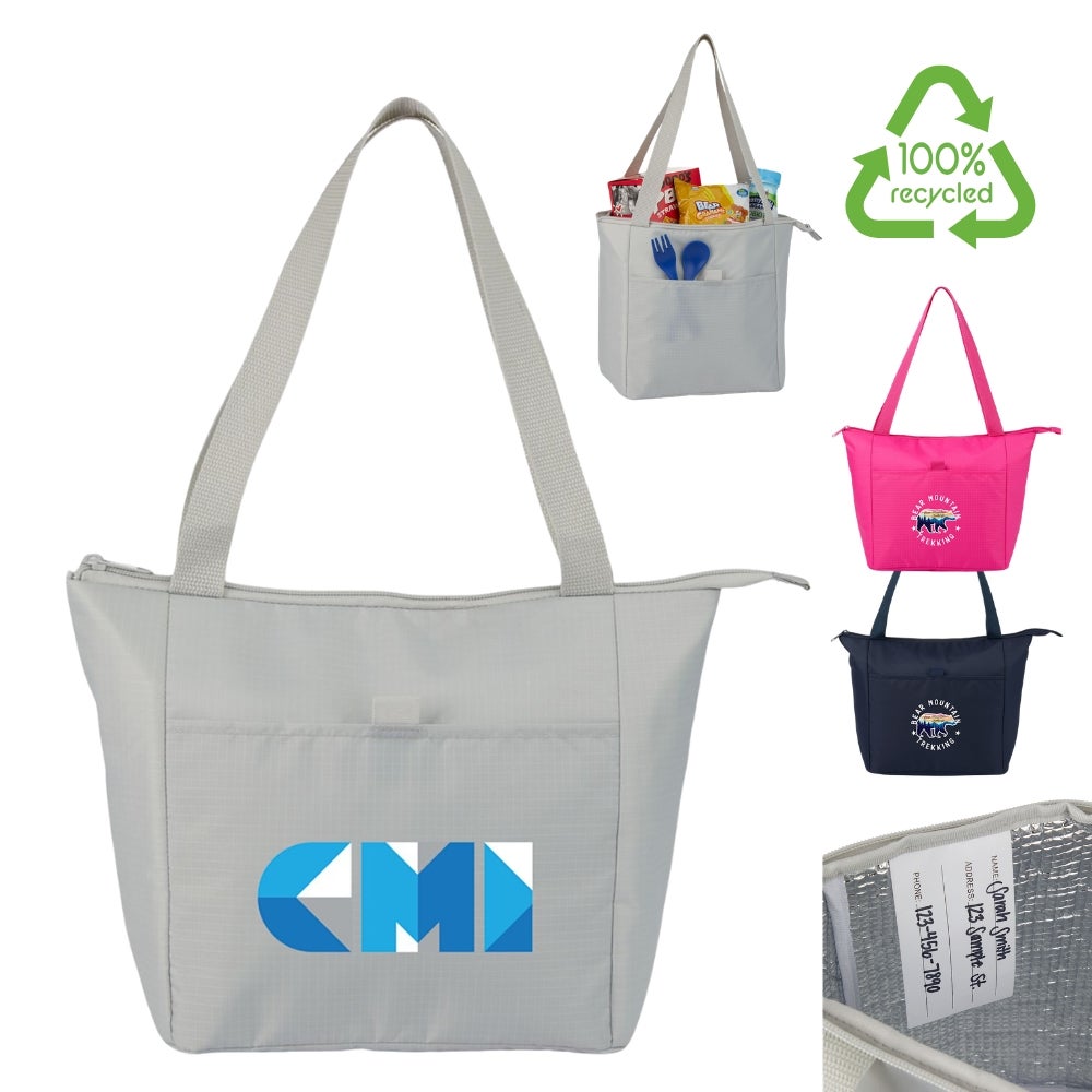 Recycled 6-Can Tote Cooler Lunch Bag in grey, navy, and bright pink