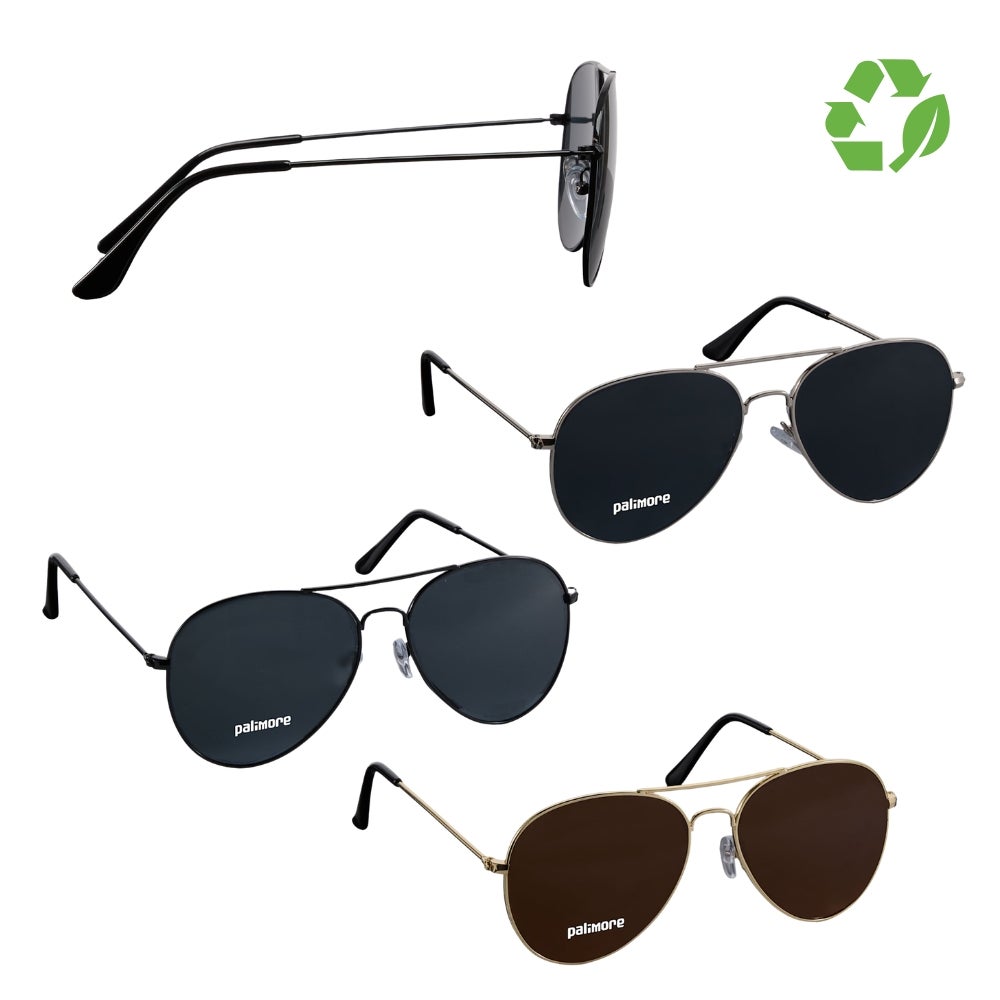 Recycled Aviator Sunglasses in black, gold, and silver