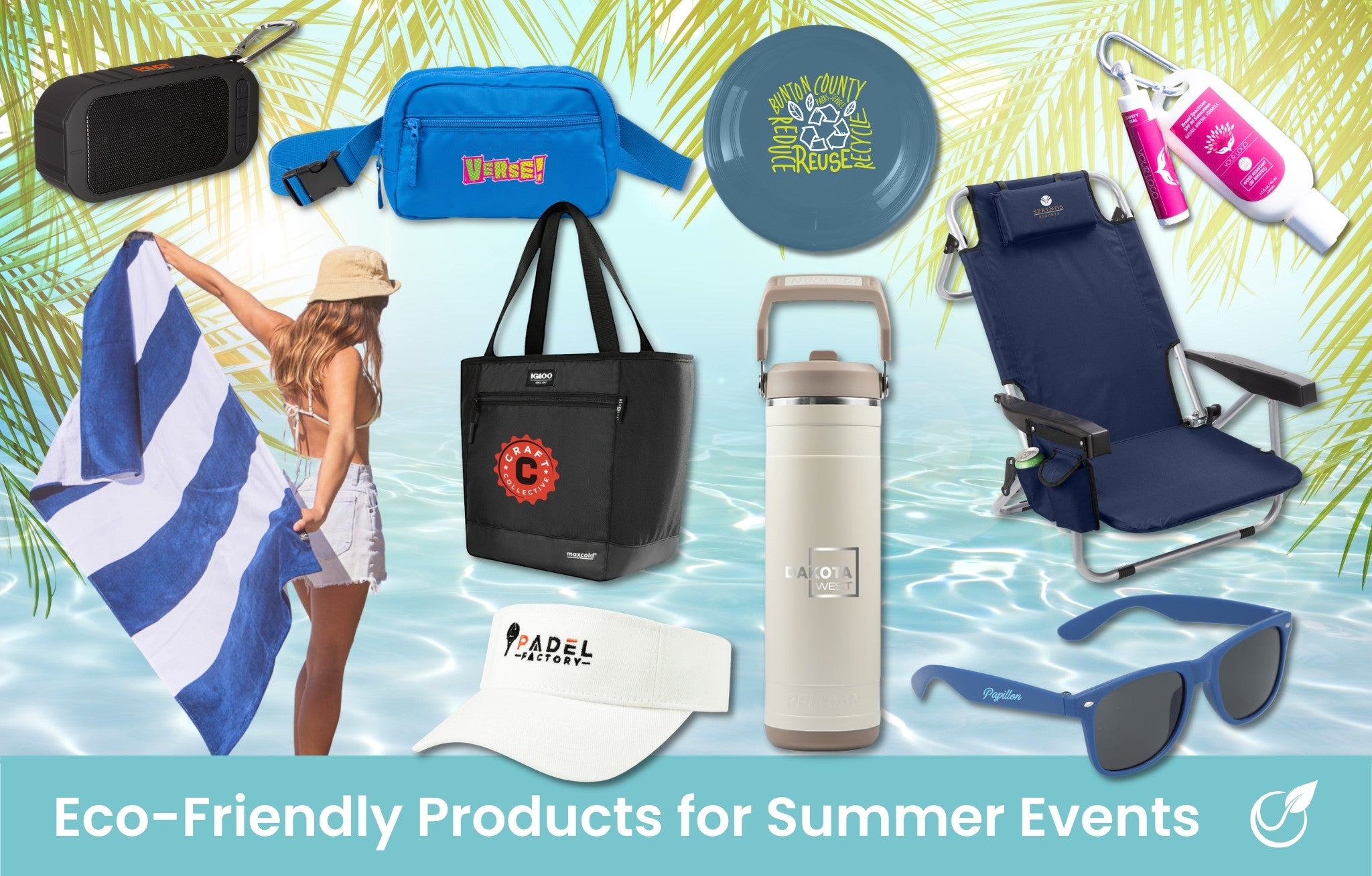 Top 10 summer products - sunscreen & lip balm set, visor, sunglasses, tote, water bottle, towel, chair, frisbee, fanny pack, cooler bag, water resistant speaker