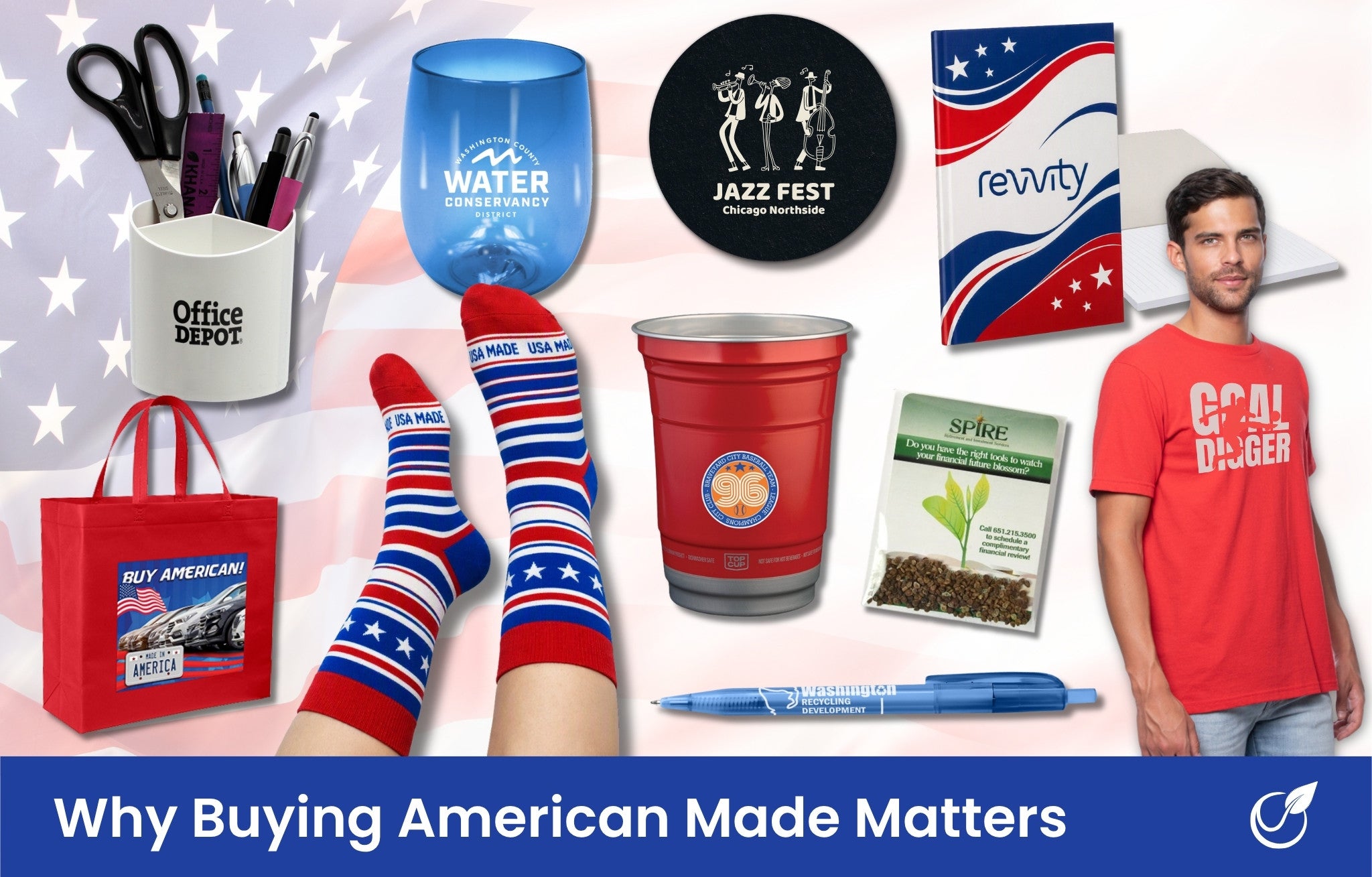 USA made promotional products - t-shirt, tote, socks, bag, cup, notebook, coaster, desk organizer, seed packets, wine glass