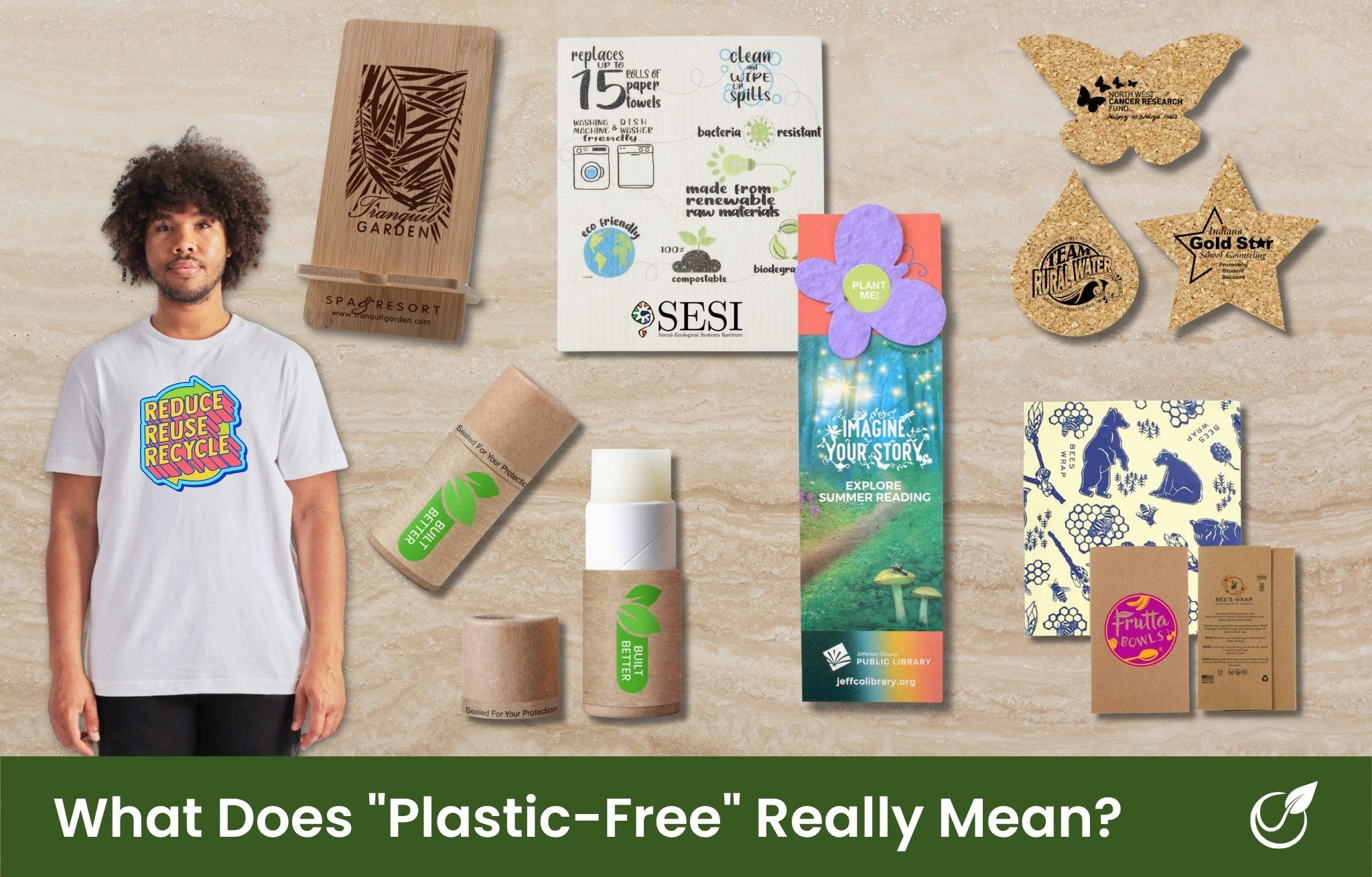 Plastic free promotional products - t-shirt, bamboo phone stand, lip balm, dishcloth, bookmark, coasters, bees wrap