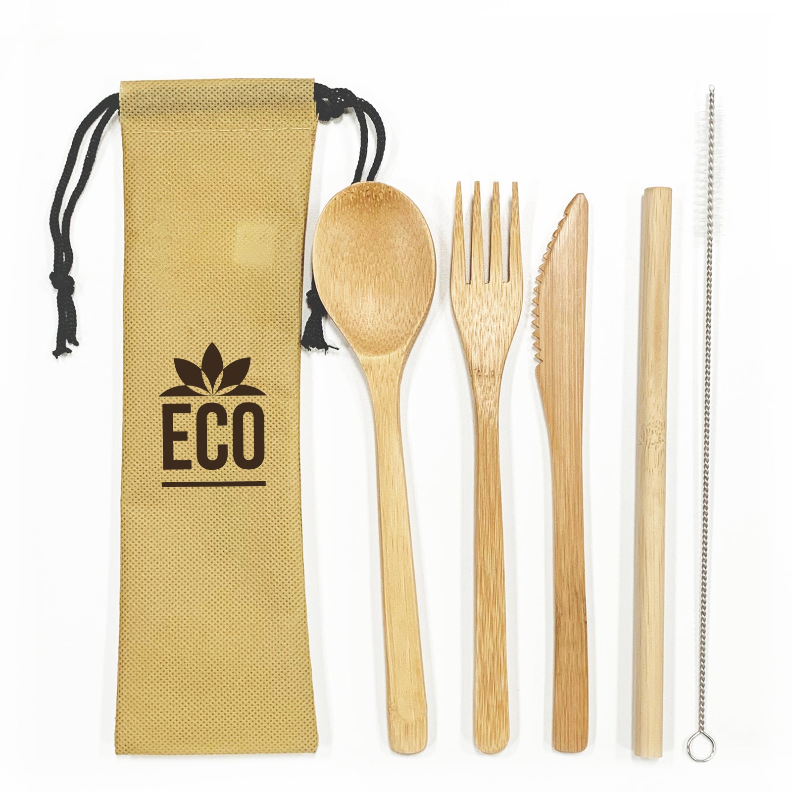 Bamboo Utensils & Straw Set | Cleaning Brush | Custom Pouch