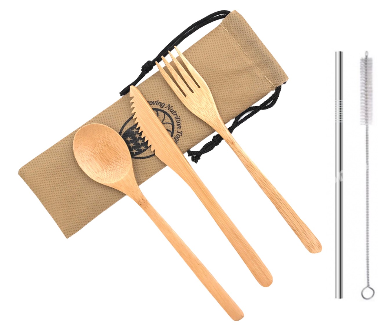 Bamboo Utensils with Straw and Cleaning Brush in Custom Pouch