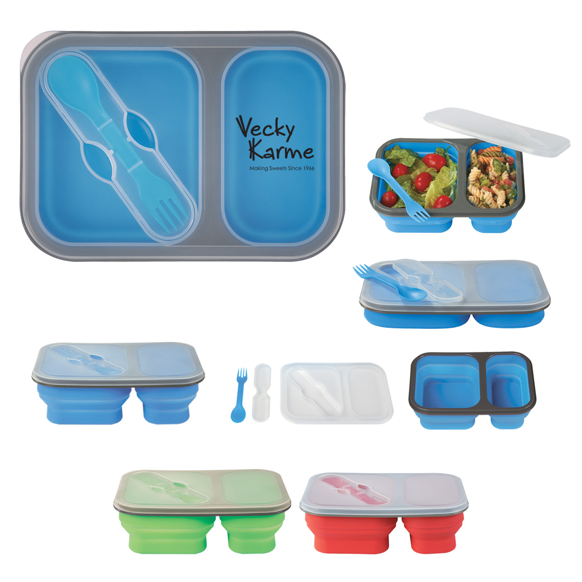 Collapsible 2-section Waste-Free Lunch Container w/ Utensil