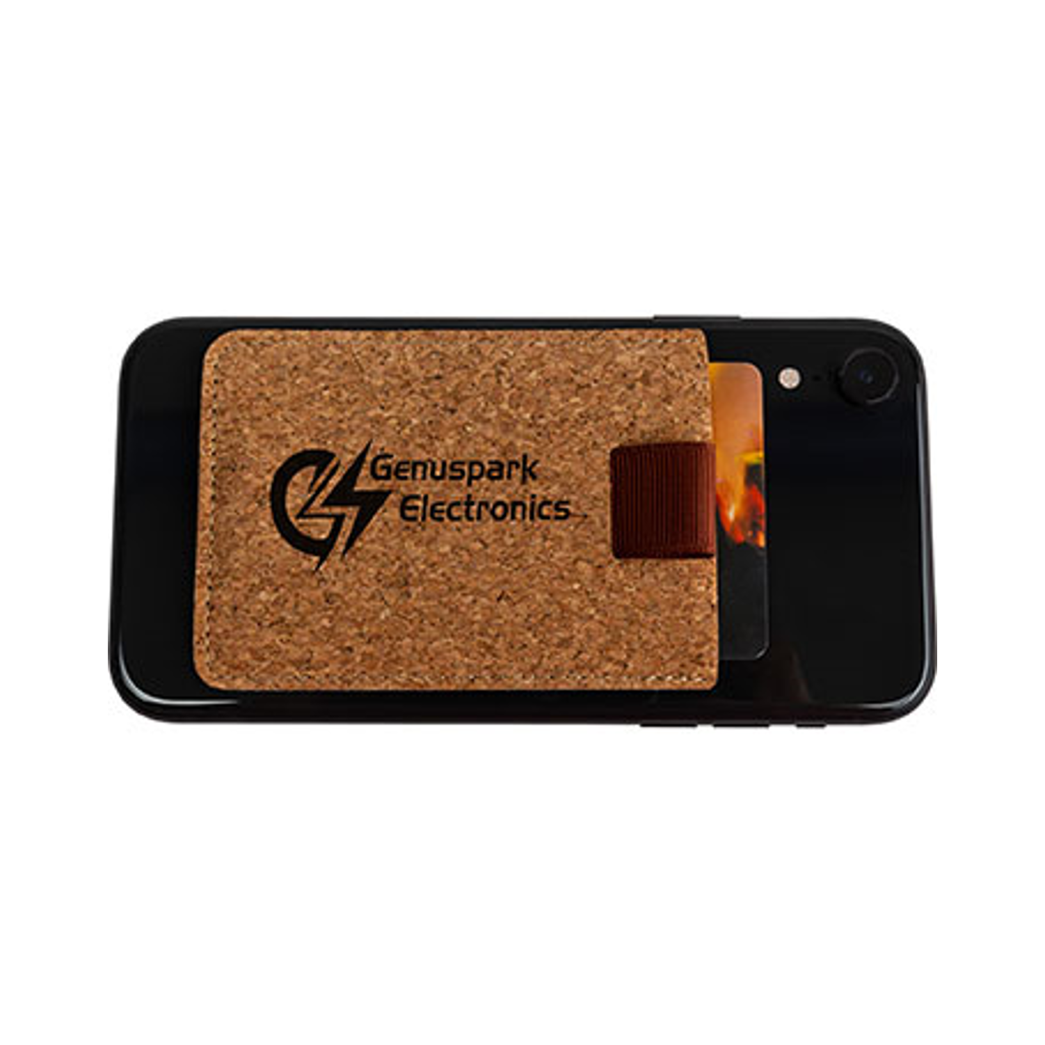 Cork mobile phone wallet with logo shown attached to phone