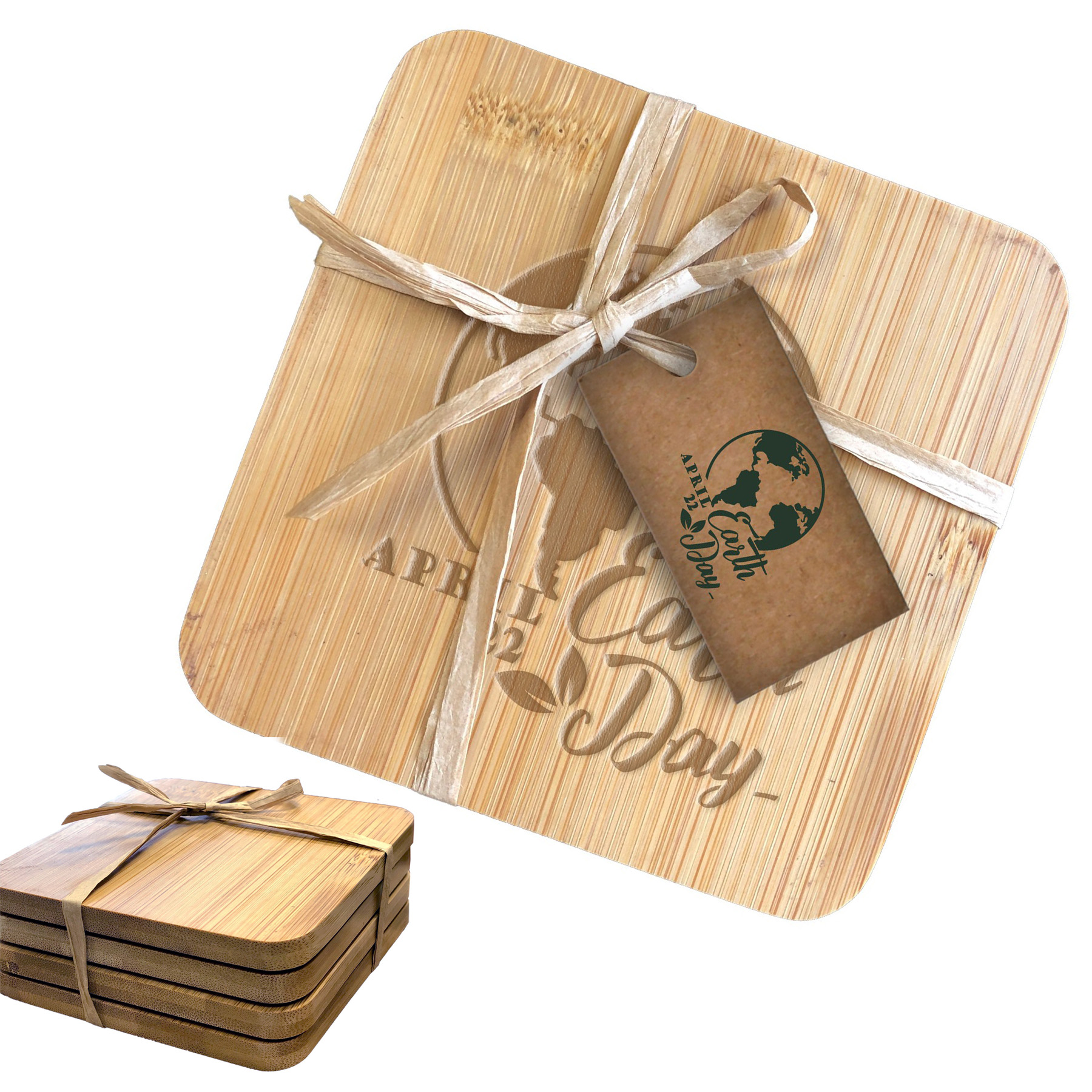 Custom Engraved Bamboo Coaster Set with Printed Gift Tag