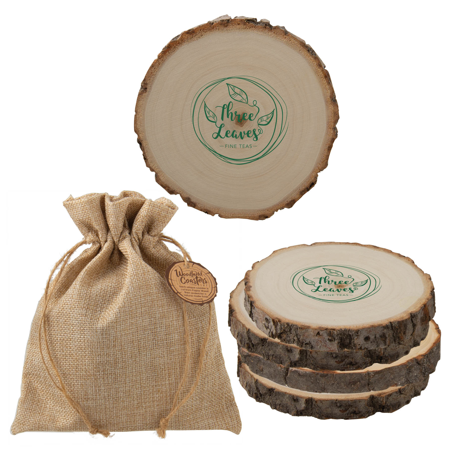 Custom Natural Wood Coaster Sets in Jute Bag, 4 Piece Set