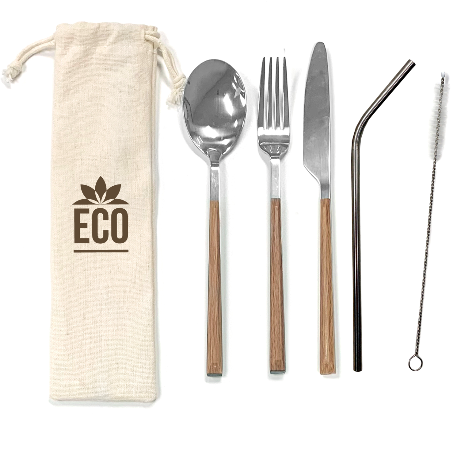 Stainless steel utensil set with straw