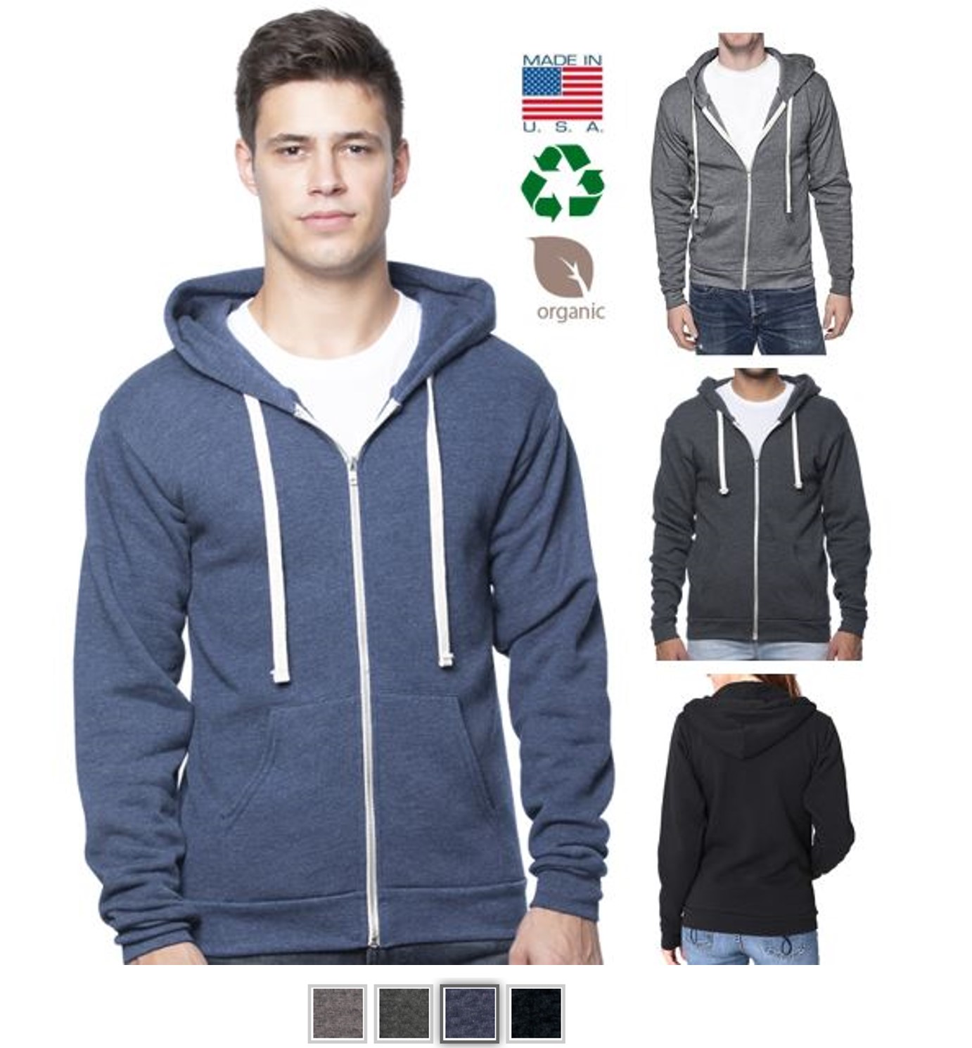 Full zip hoodie USA made recycled organic french terry