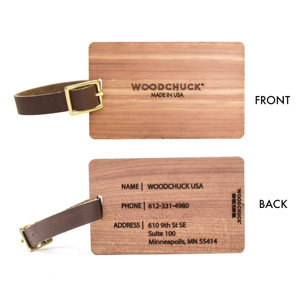 Woodchuck custom USA made sustainable wood luggage tags engraved