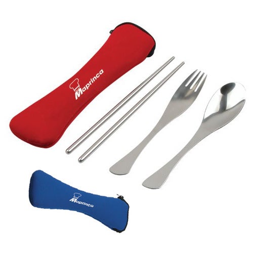 Custom stainless utensil set in neoprene zipper pouch