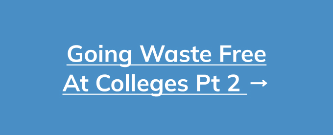 Blue background with white text that reads "going waste free at colleges pt 2"