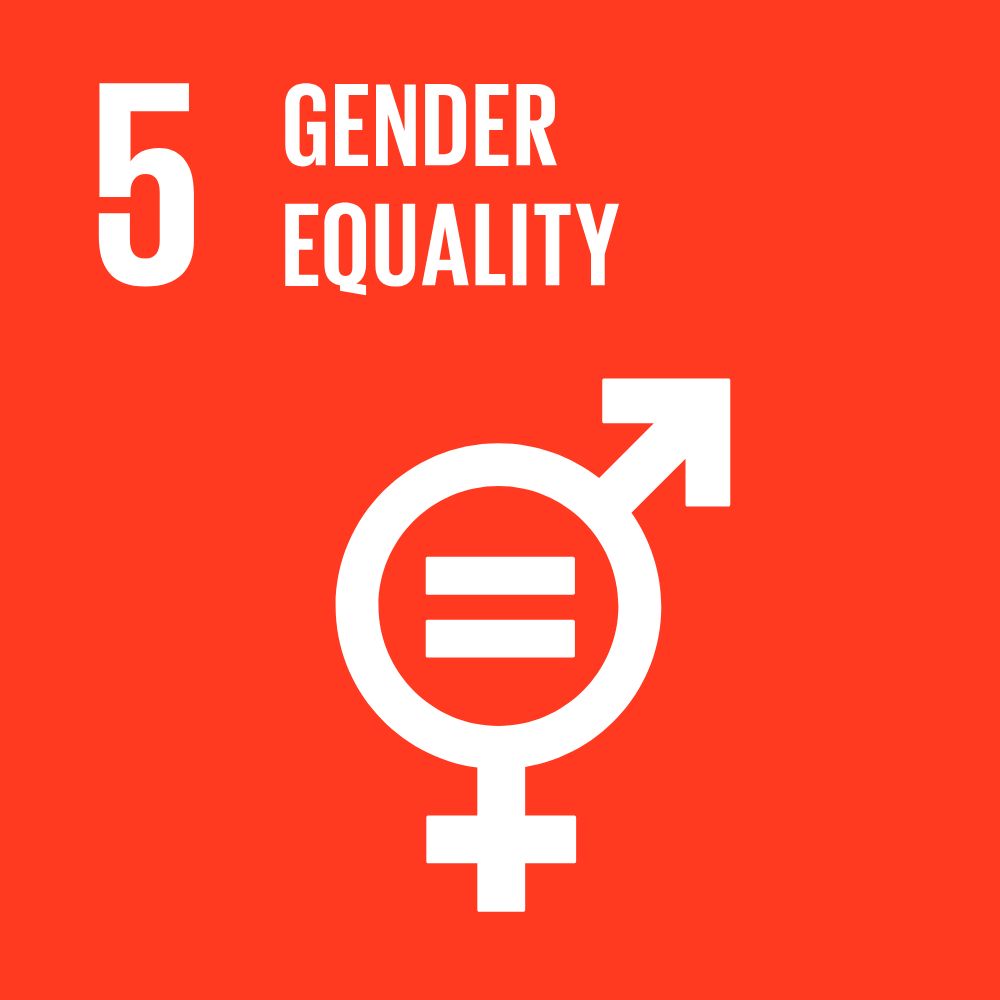 warm red background with white gender equality icon and white text reading "5 Climate Action"