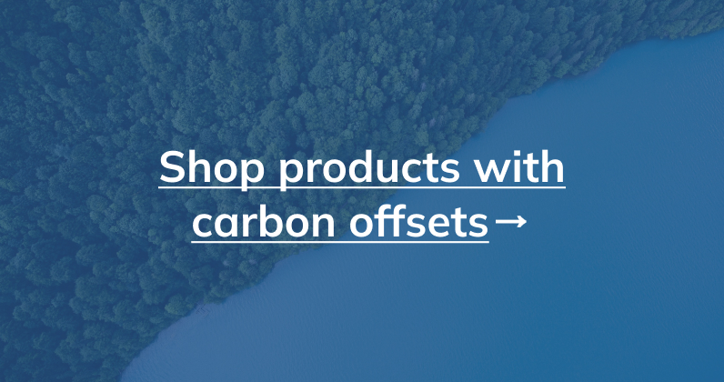 blue background with photo of trees and ocean with text that reads "shop products with carbon offsets"