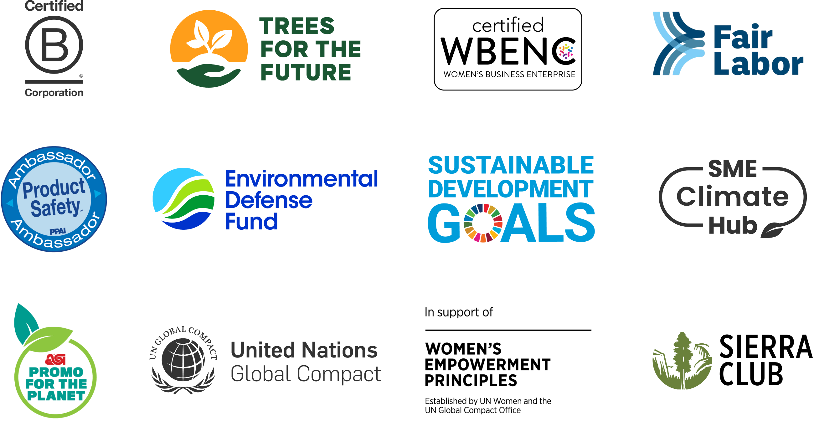 Logos for B Corp, Trees for the Future, WBENC, Fair Labor, PPAI Product Safety, Environmental Defense Fund, Sustainable Development Goals, SME Climate Hub, ASI Promo for the Planet, UN Global Compact, Women’s Empowerment Principles, and Sierra Club