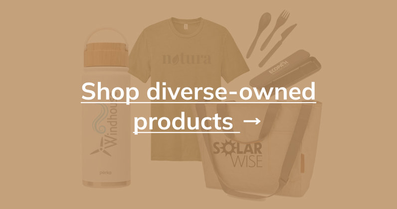 tan background with collage of products with text that reads "shop diverse-owned products"