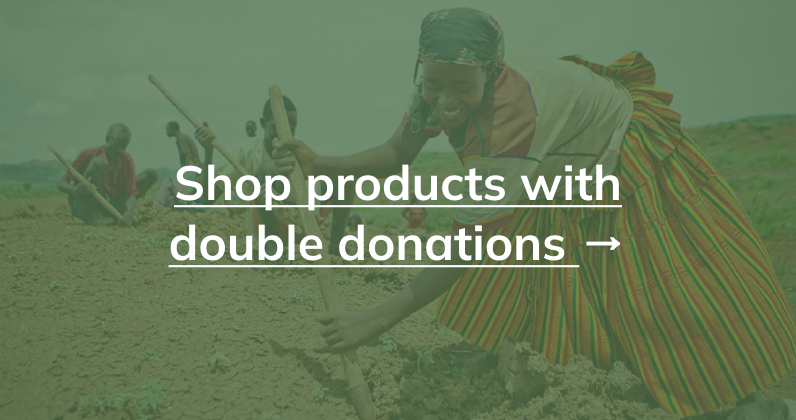 green background with woman planting tree with text that reads "shop products with double donations"