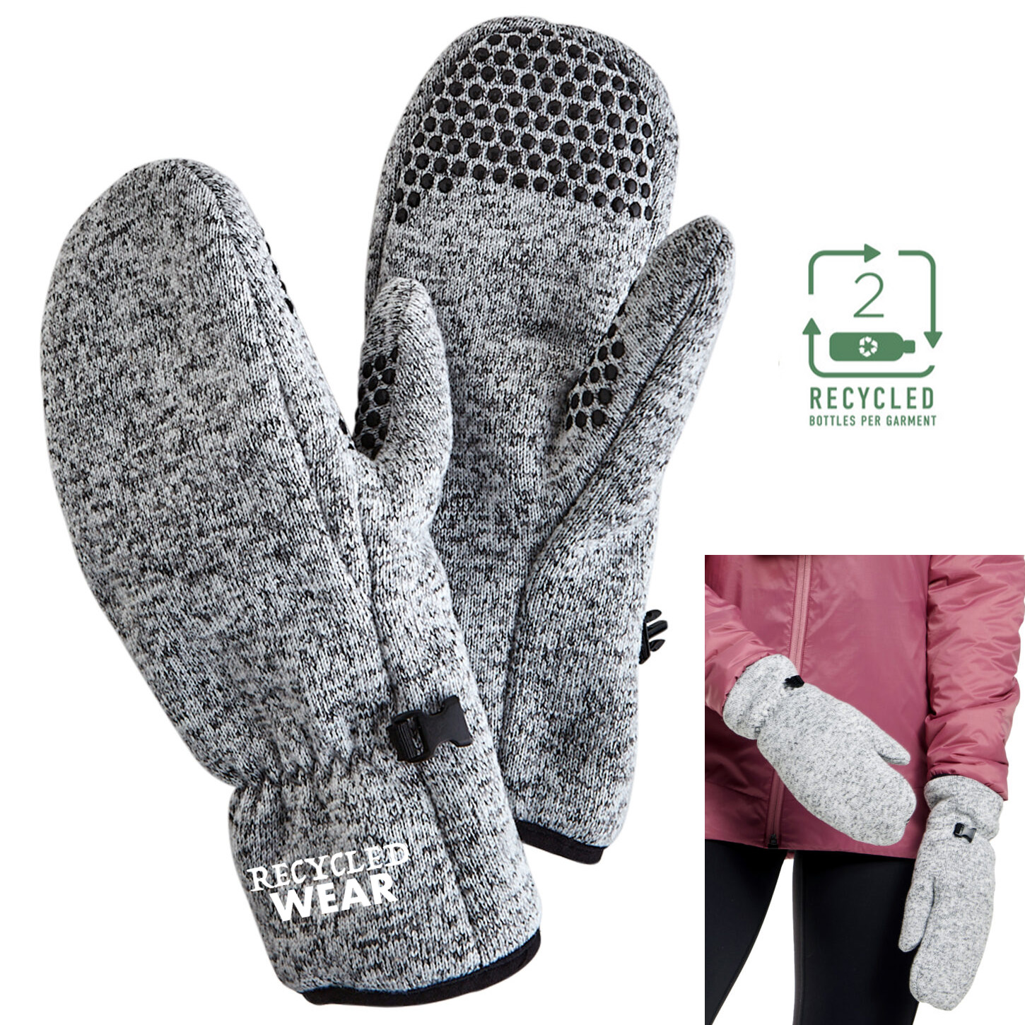 gray custom embroidered mittens worn by a person, showcasing the design and fit