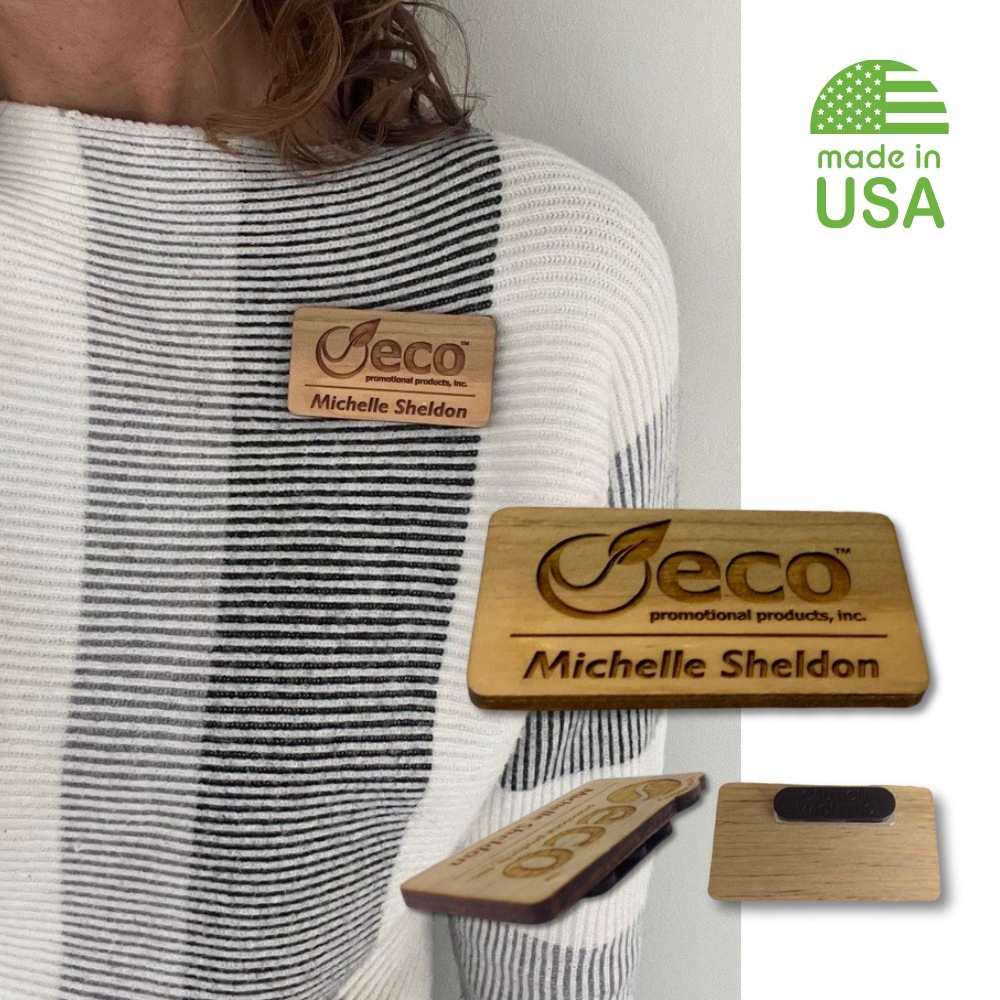 Eco Promotional Products CEO, Michelle wearing a wooden badge