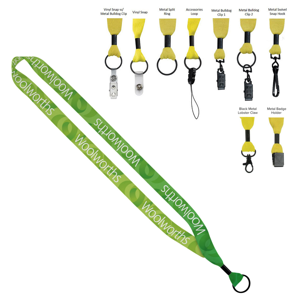 green lanyard college swag with different attachment options