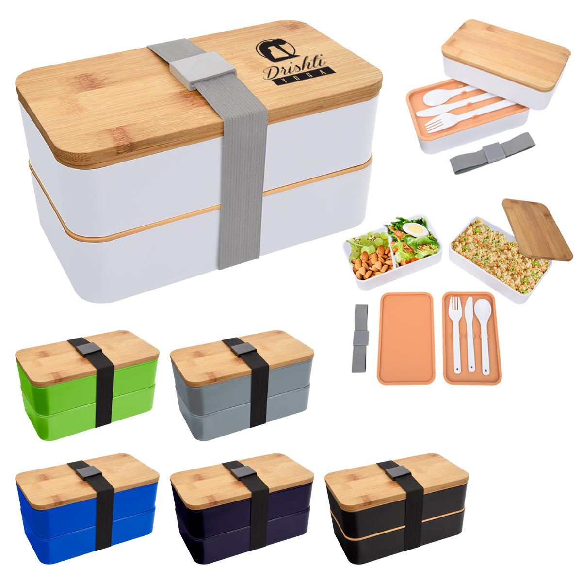 bento lunch sets with bamboo lids in multiple color variants