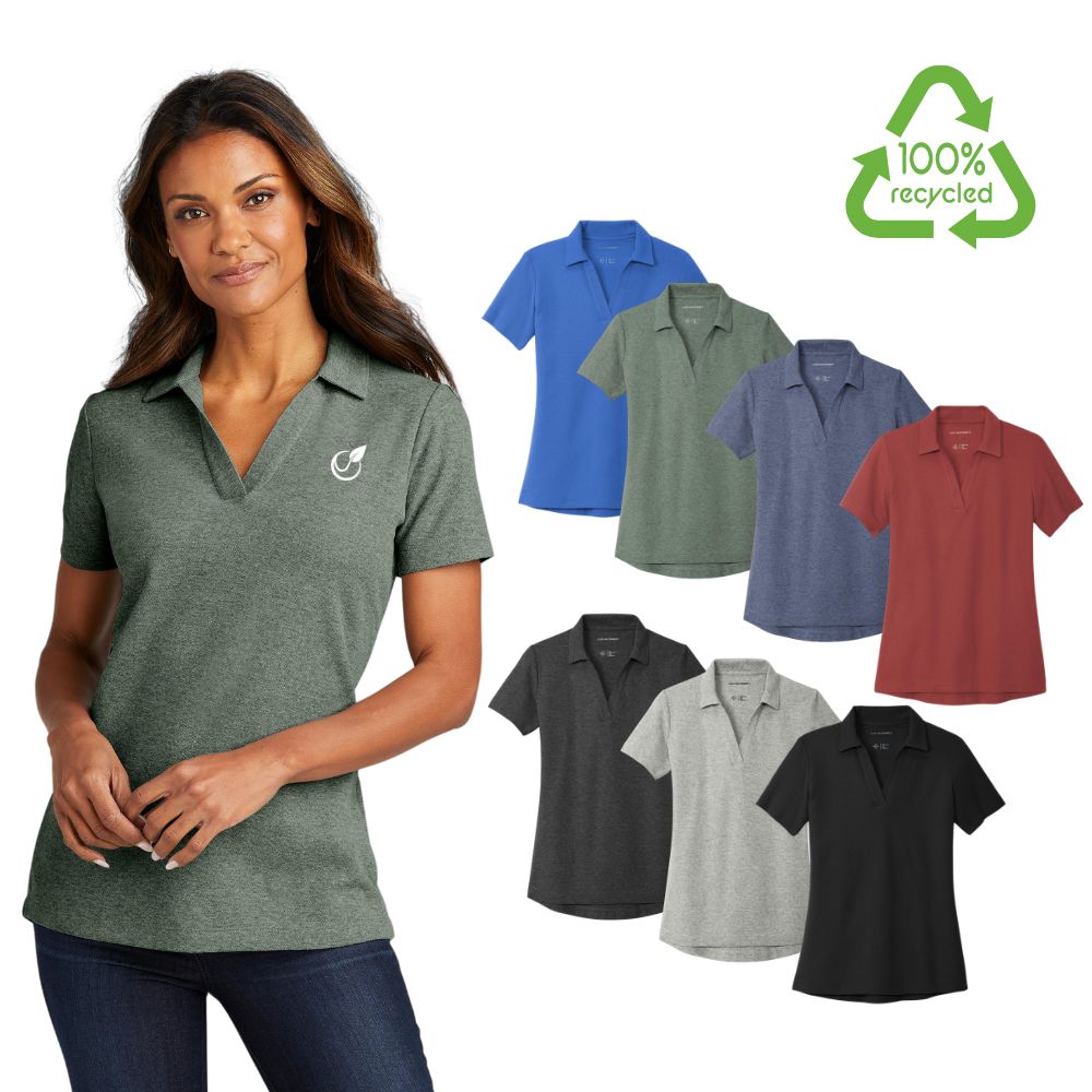 woman wearing green polo shirt next to seven other polo shirts in different colors