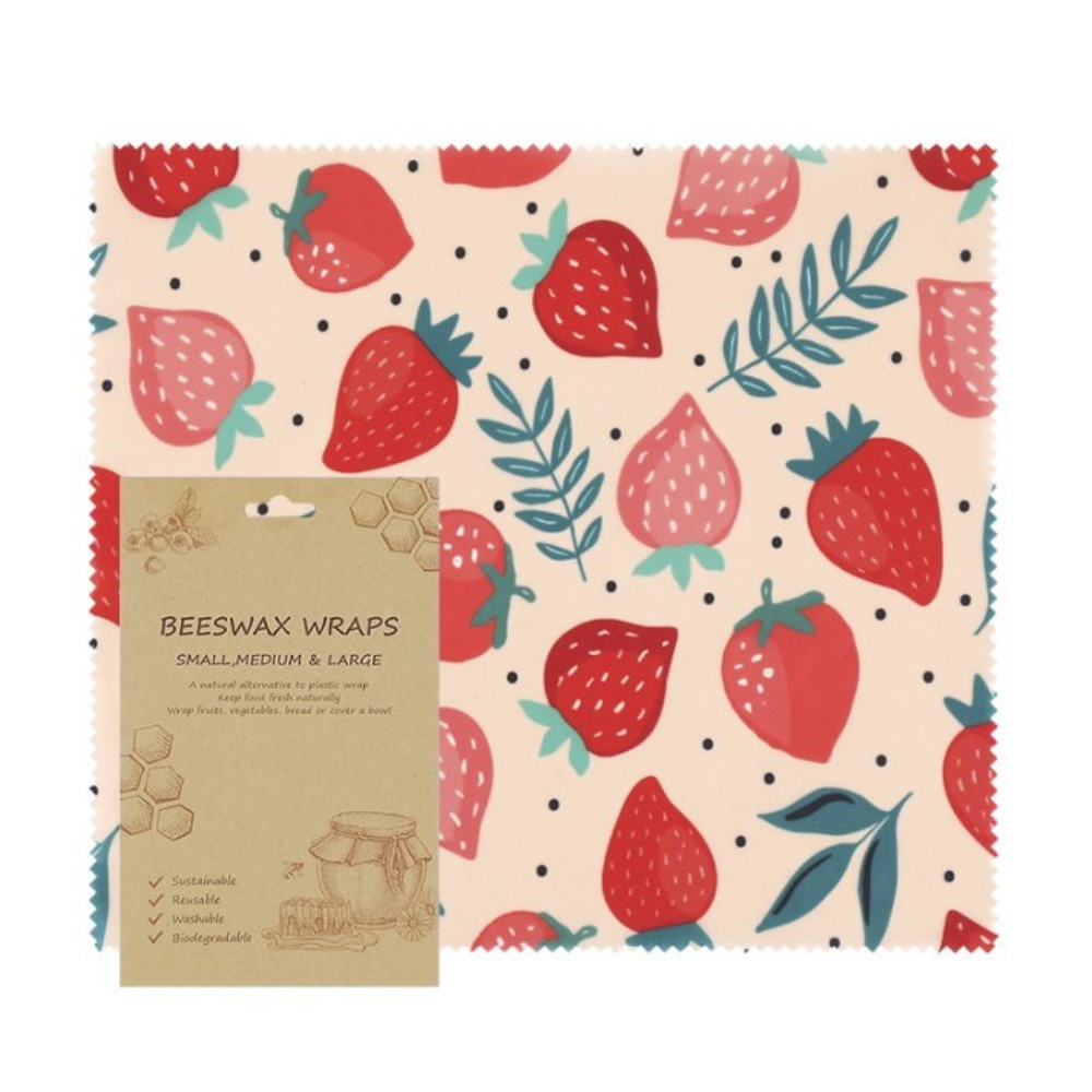 custom beeswax wrap with strawberry design, reusable and eco-friendly