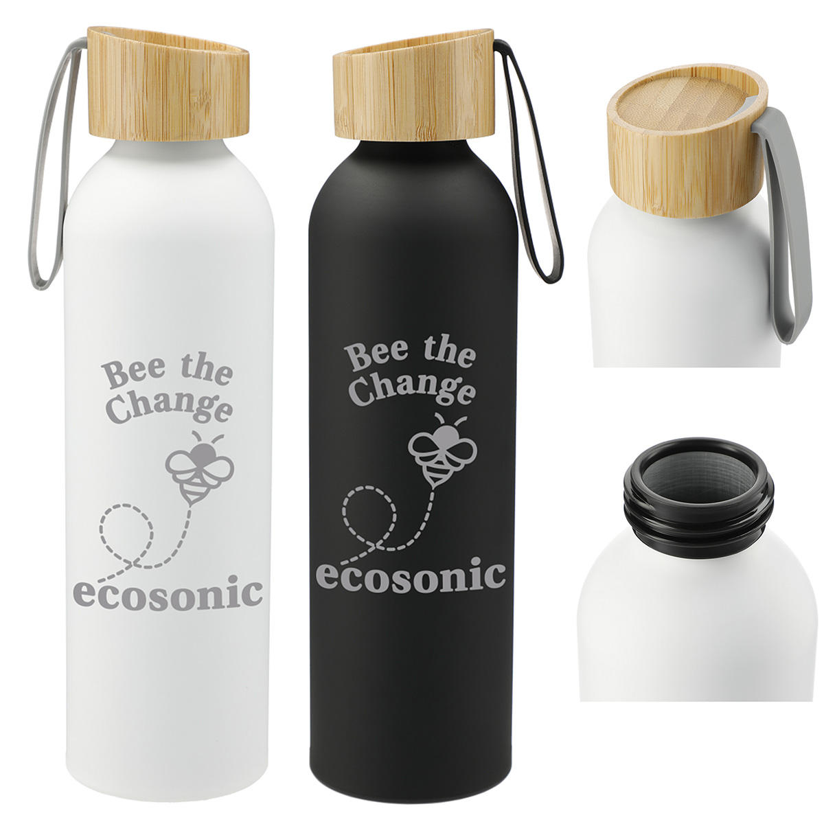 black and white aluminum bottles with bamboo lid, yoga swag