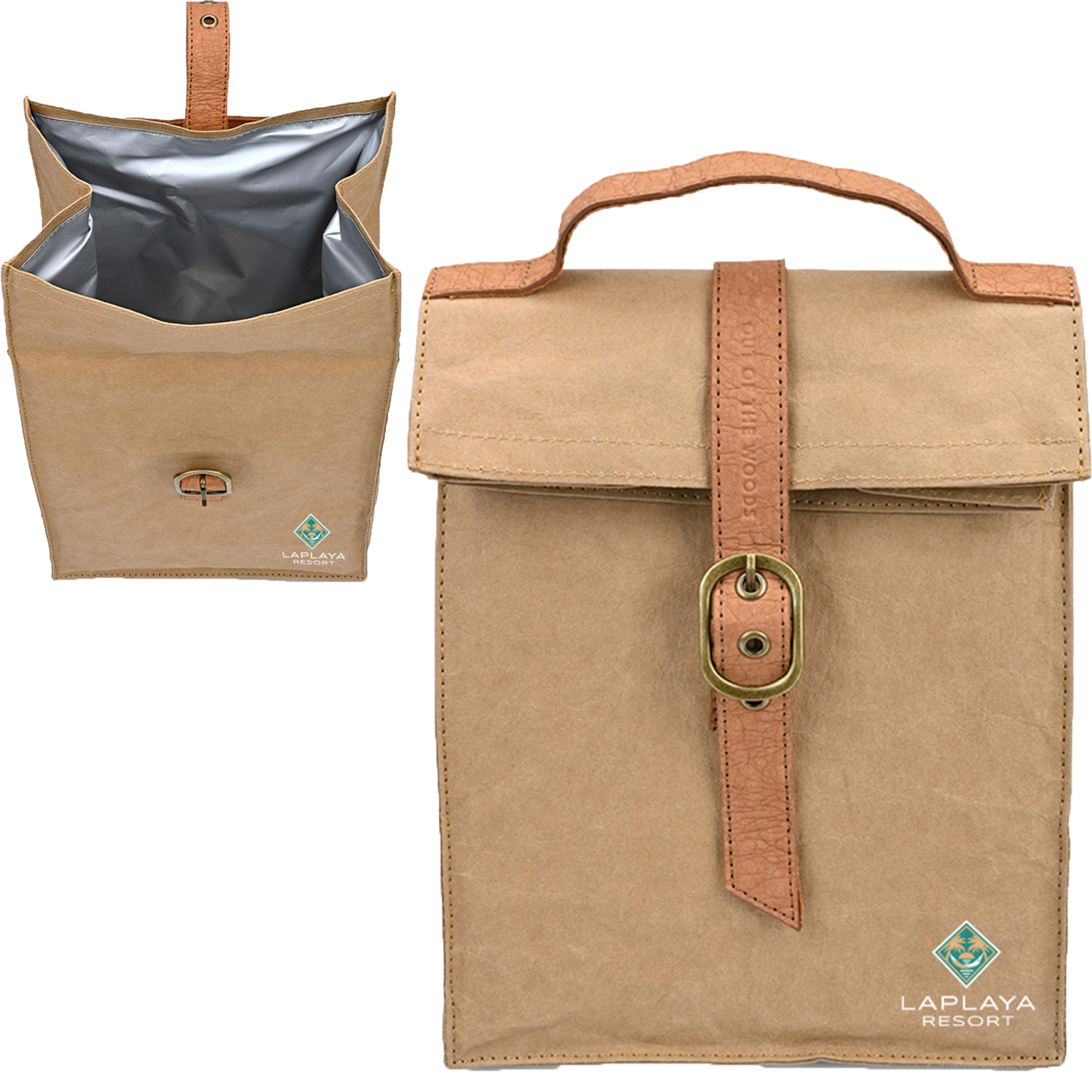 eco-friendly paper lunch tote with insulated interior and buckle closure