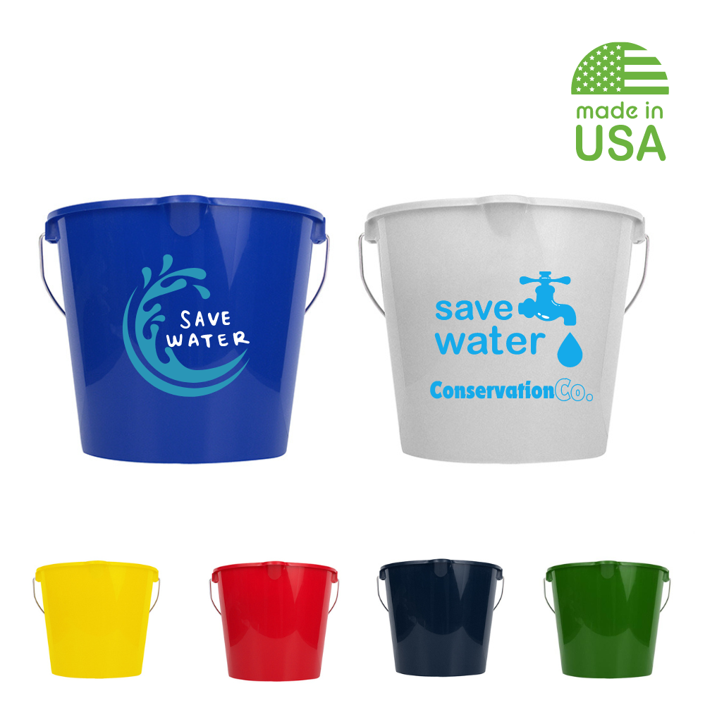 differently colored water buckets for water conservation
