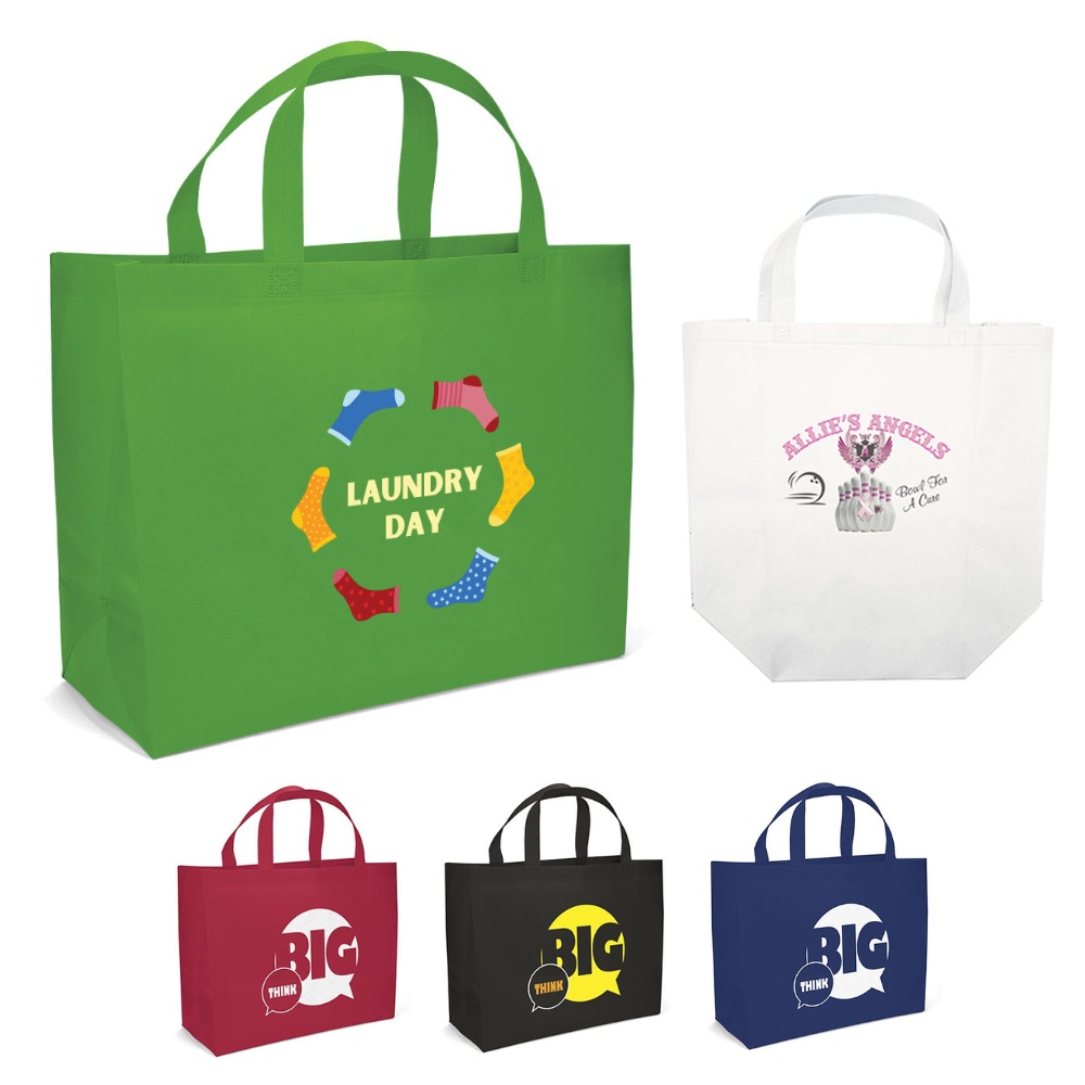 assorted large recycled tote bags with custom designs