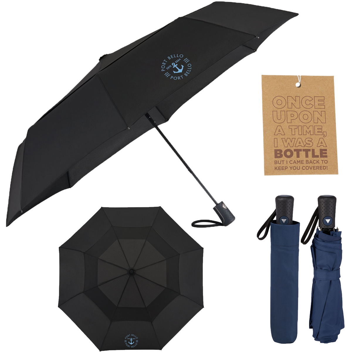 black recycled auto-open umbrella with eco-friendly tag