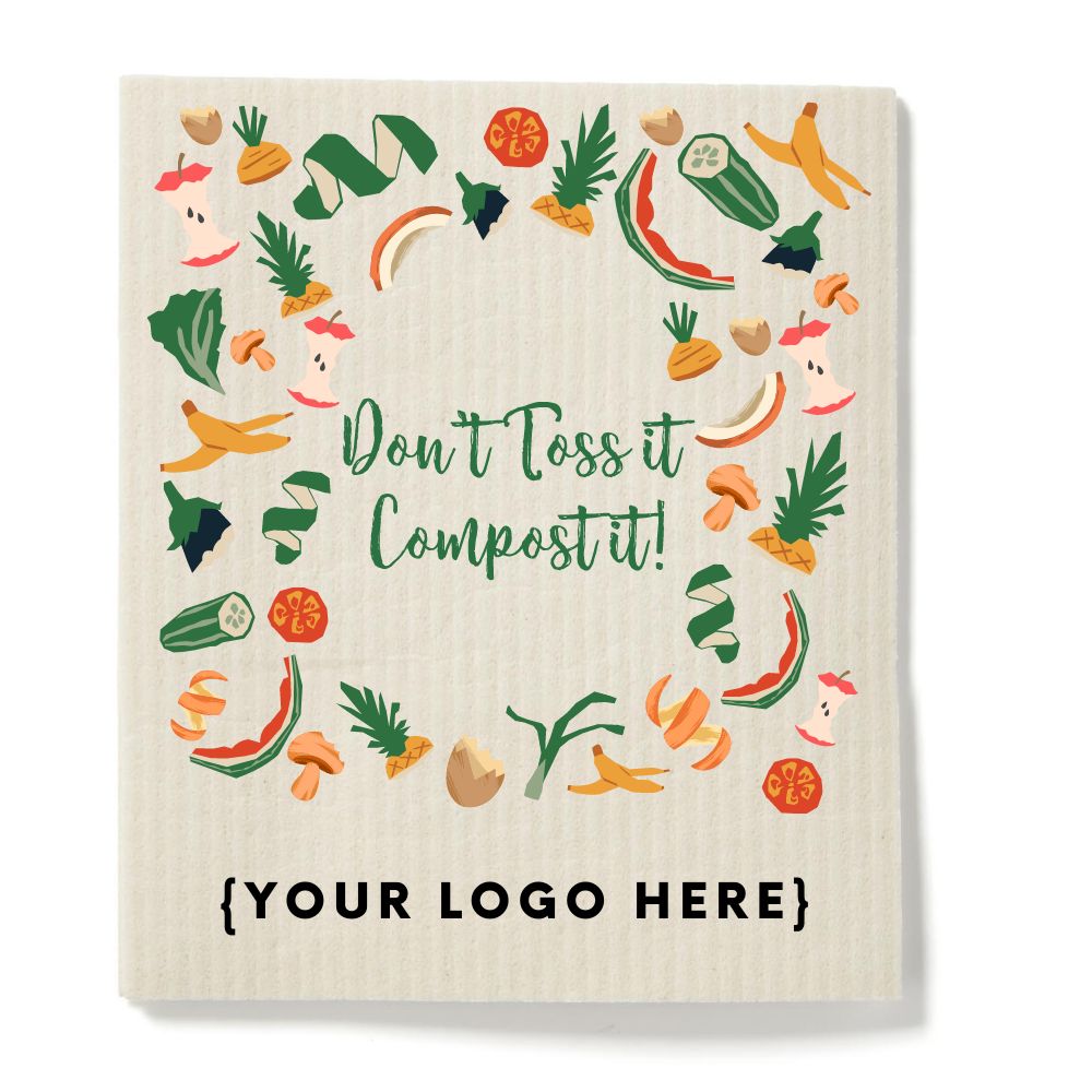 compostable dishcloth with an eco-friendly message