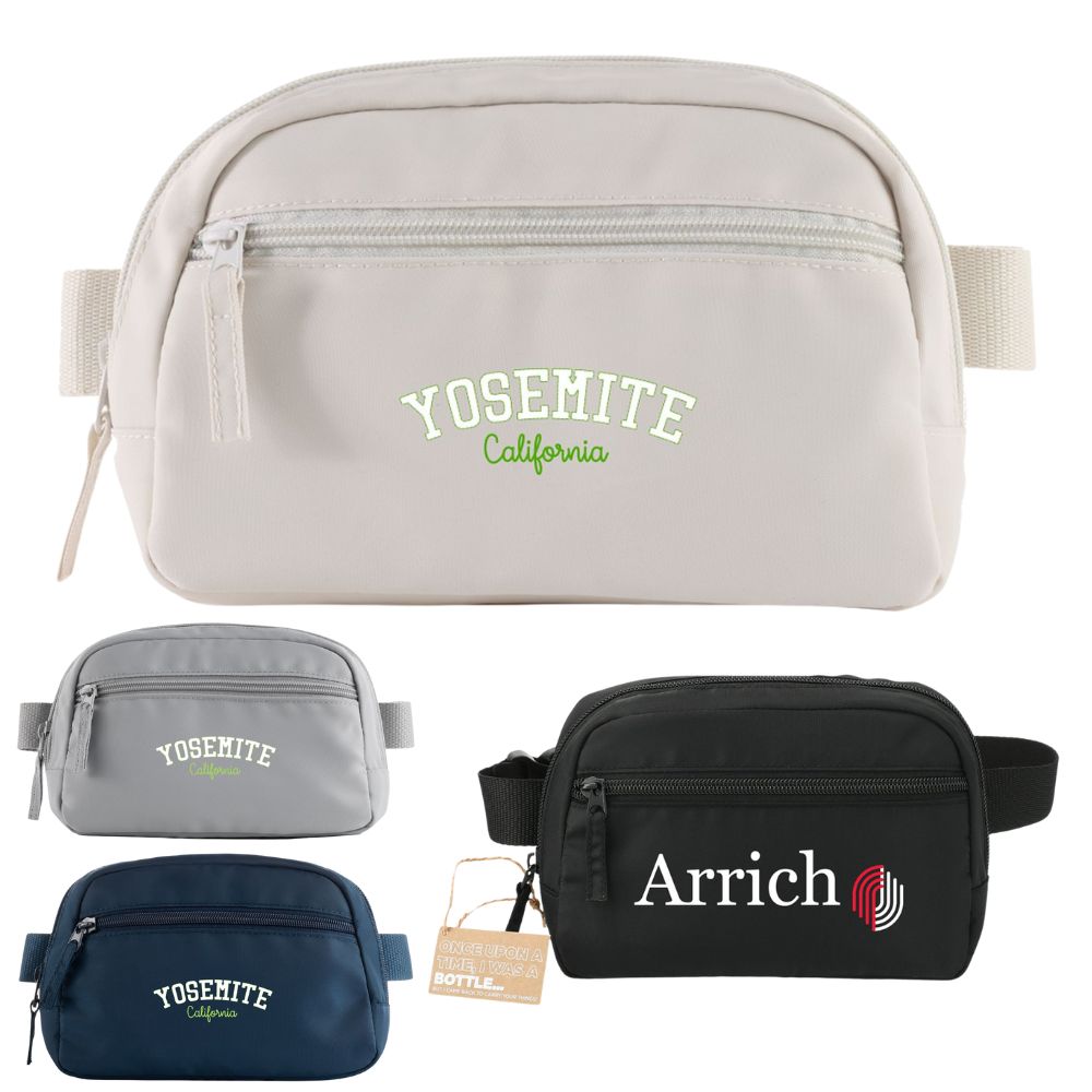 natural fanny pack with "Yosemite" branding alongside gray, blue, and black color options
