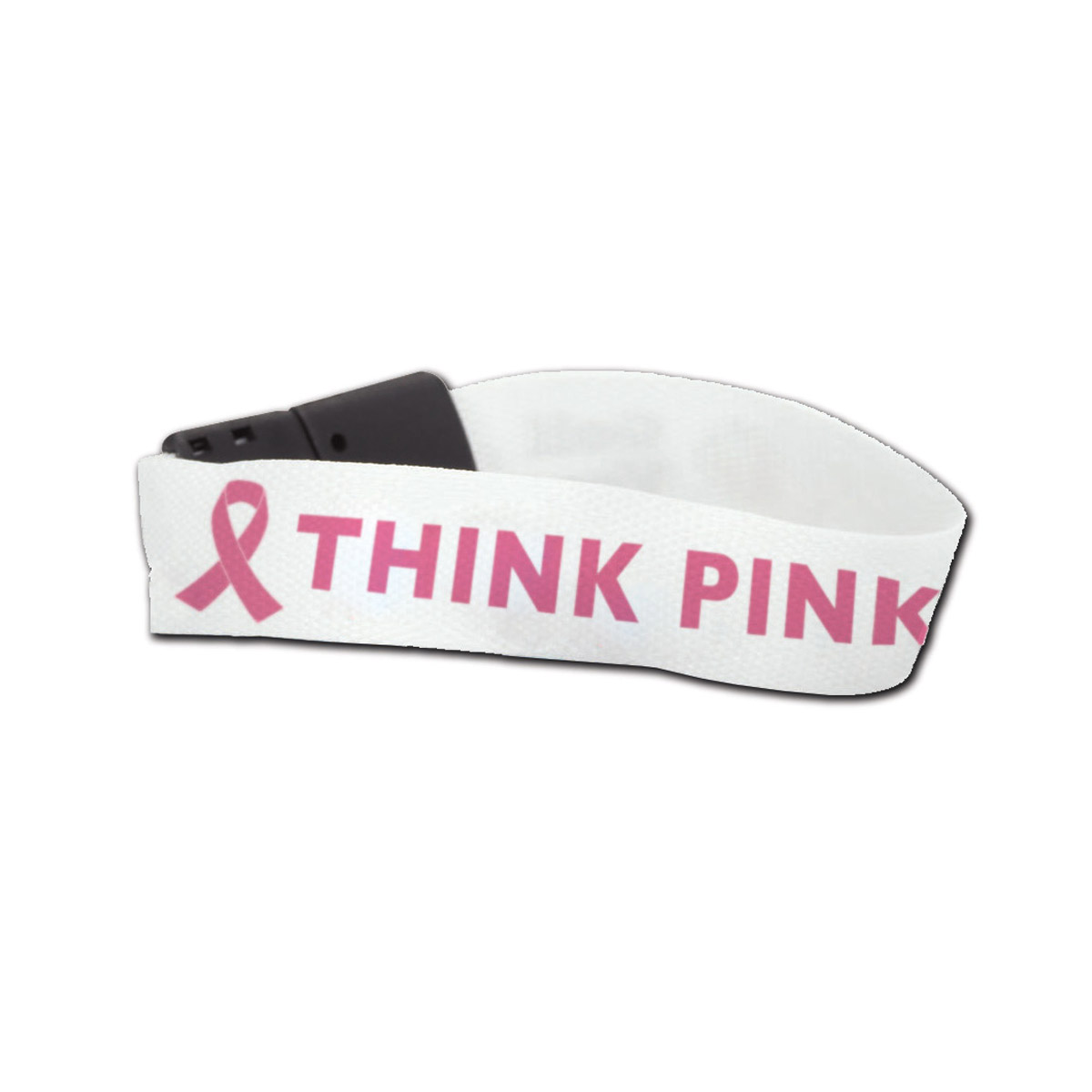 white bracelet with a pink ribbon and "Think Pink" customizations printed on it